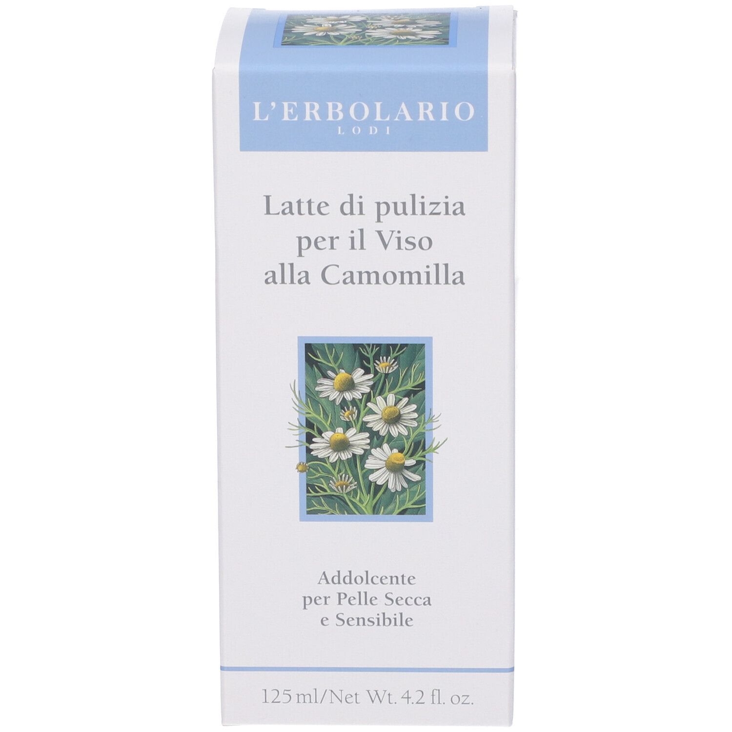 Confezione. Scritta: L'Erbolario, Latte di pulizia per il Viso alla Camomilla. Illustrazione di fiori di camomilla. 125ml/4.2 fl. oz.