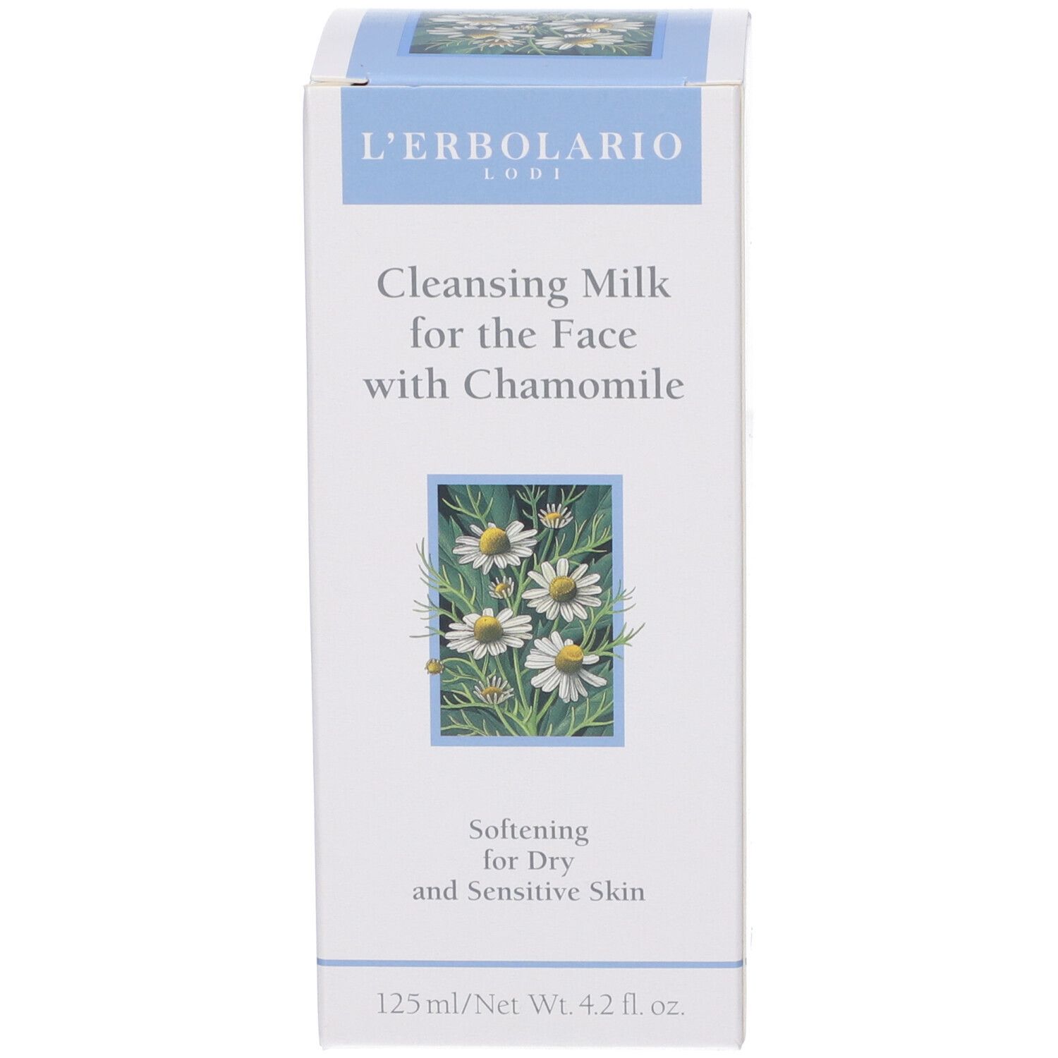 Confezione. Scritta: L'Erbolario, Cleansing Milk for the Face with Chamomile. Illustrazione di fiori di camomilla. 125ml/4.2 fl. oz.