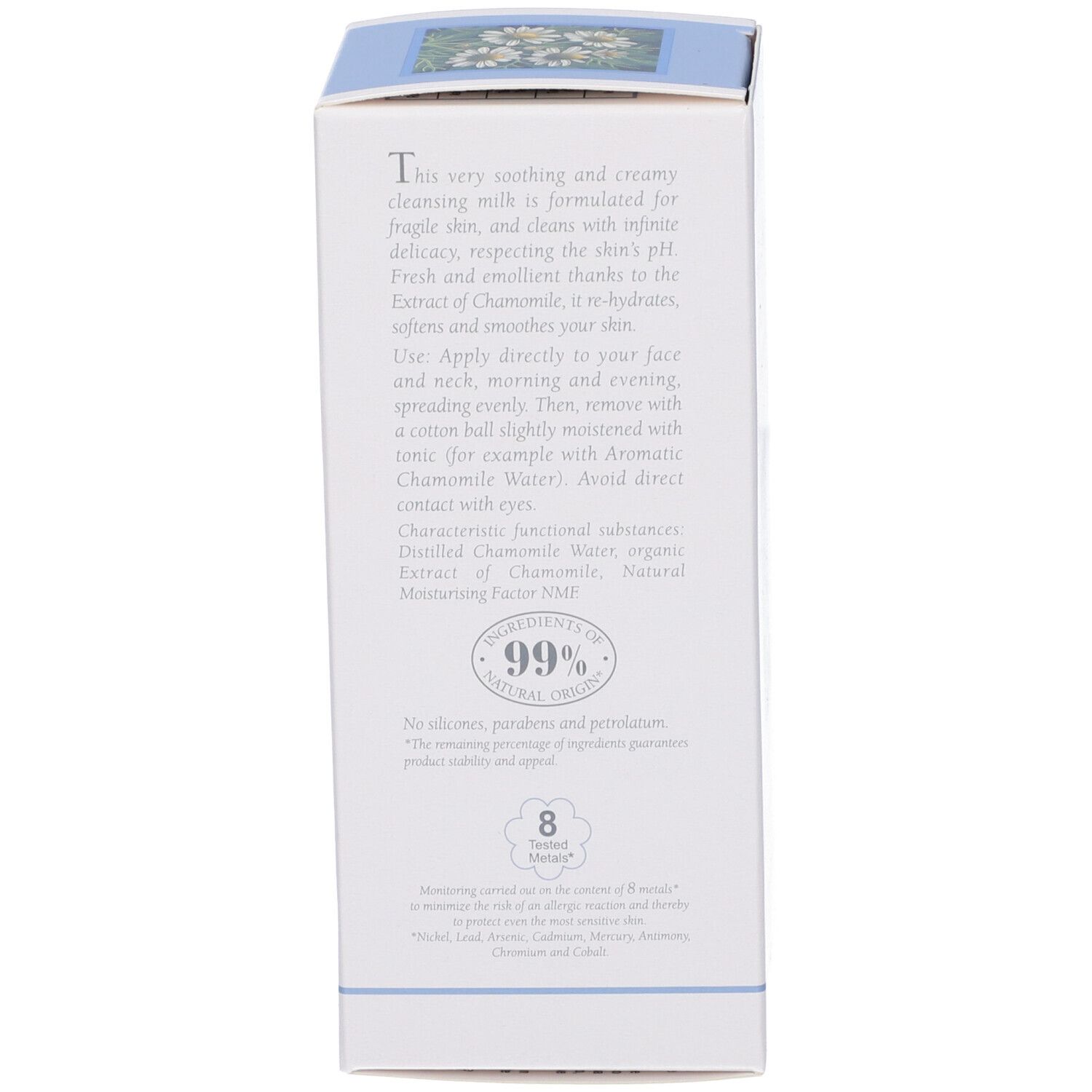 Retro della confezione. Testo in inglese. 99% ingredienti di origine naturale. Durata di conservazione di 8 mesi dopo l'apertura.