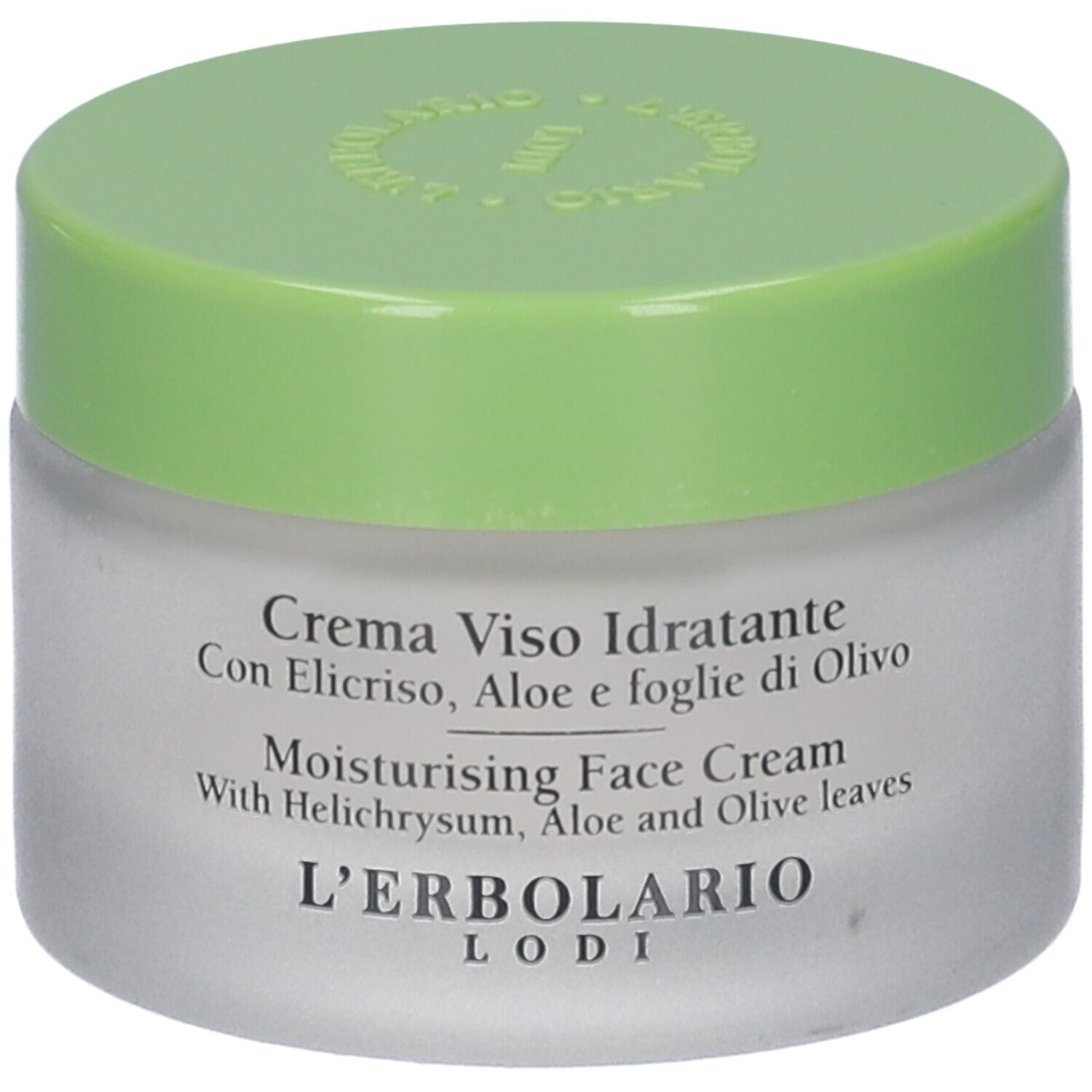 Vaso di crema con coperchio verde. Scritta: Creme Viso Idratante, L'Erbolario Lodi. Testo in italiano e inglese.