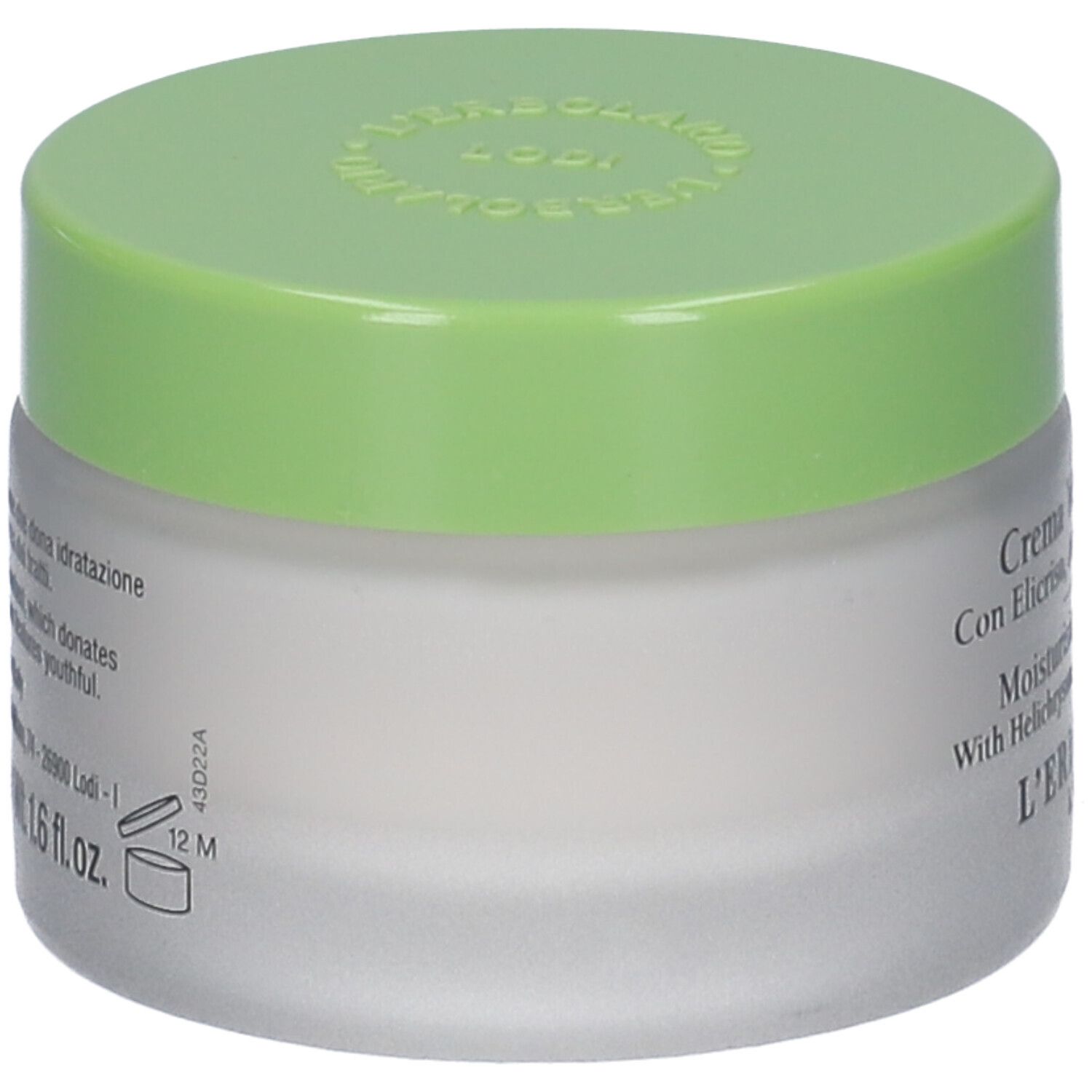Vaso di crema con coperchio verde. Scritta: Creme Viso Idratante, L'Erbolario Lodi. Testo in italiano e inglese.