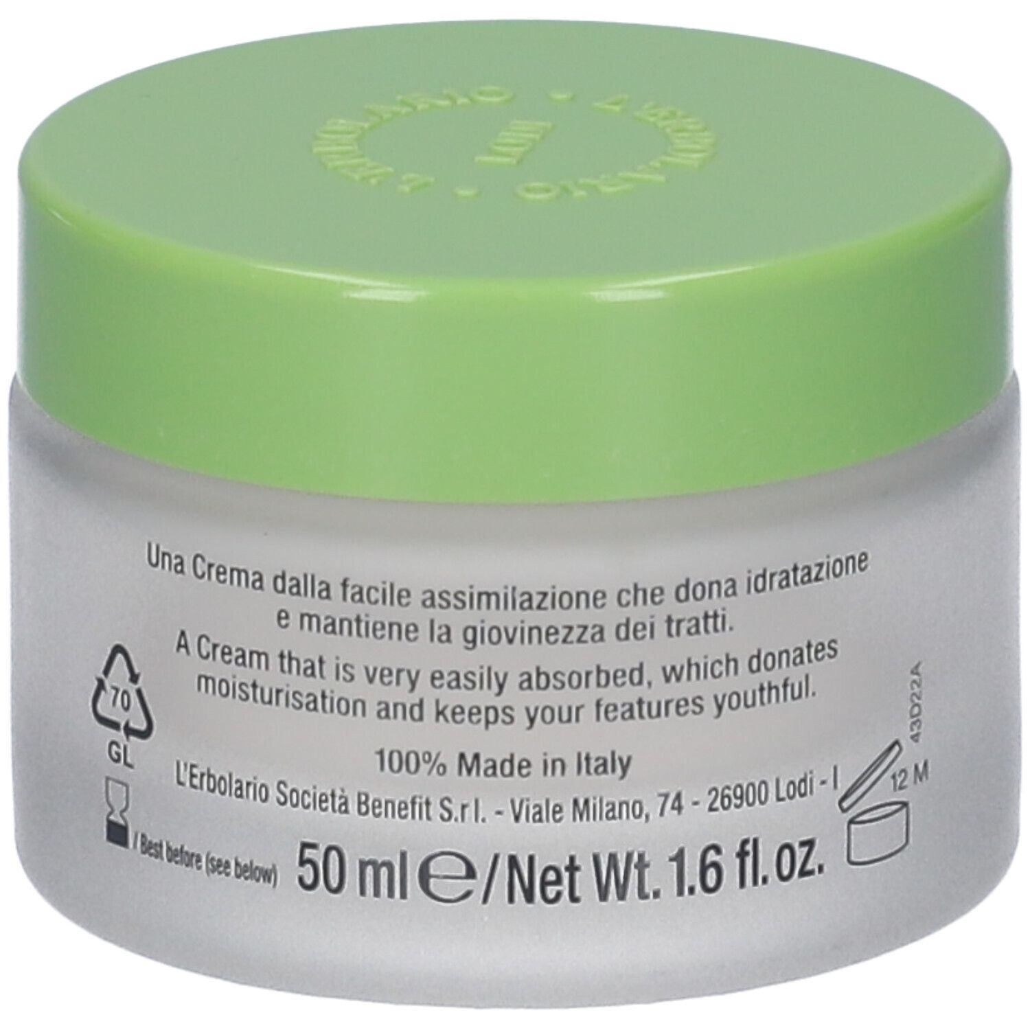 Vaso di crema con coperchio verde. Scritta: Creme Viso Idratante, L'Erbolario Lodi. Testo in italiano e inglese.