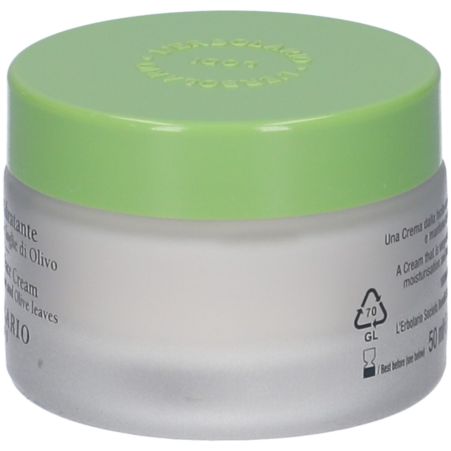 Vaso di crema con coperchio verde. Scritta: Creme Viso Idratante, L'Erbolario Lodi. Testo in italiano e inglese.