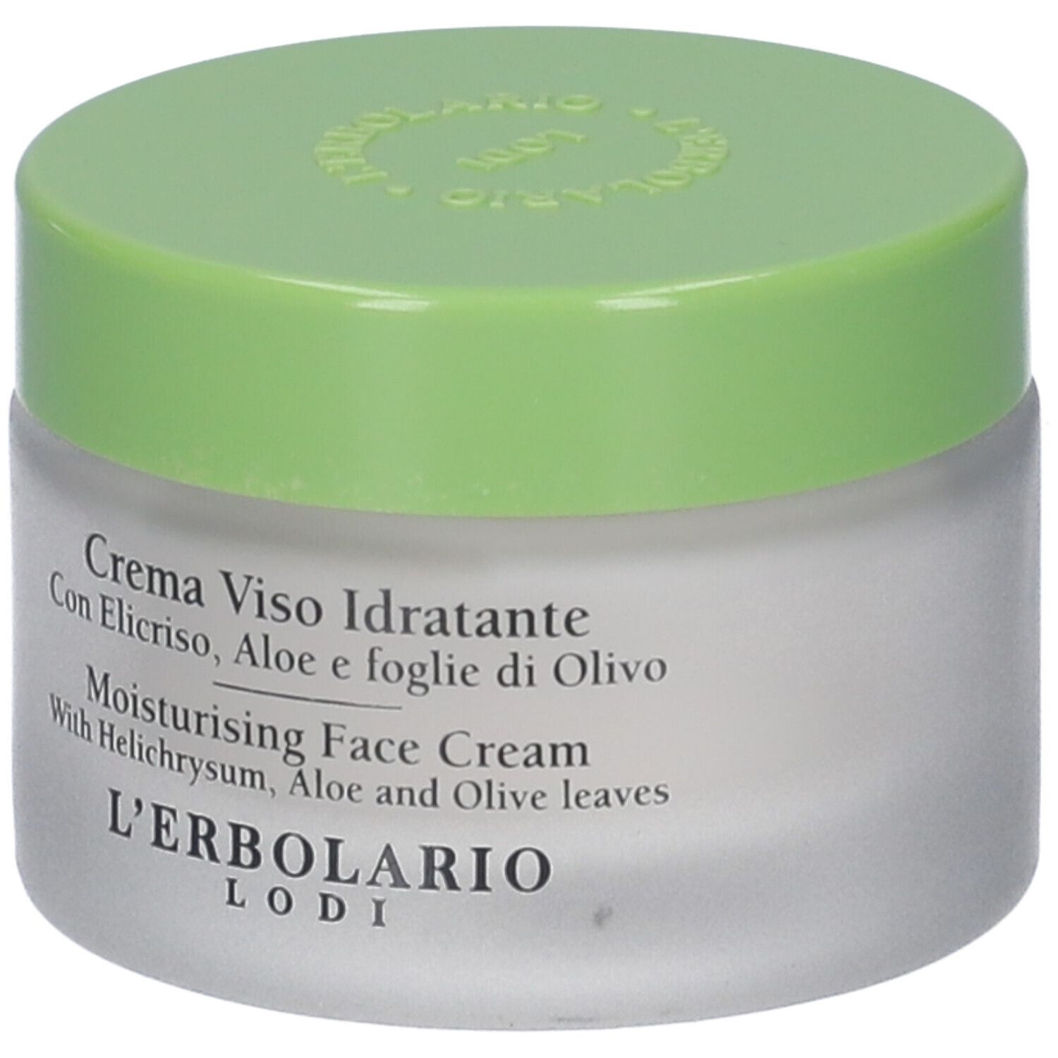Vaso di crema con coperchio verde. Scritta: Creme Viso Idratante, L'Erbolario Lodi. Testo in italiano e inglese.