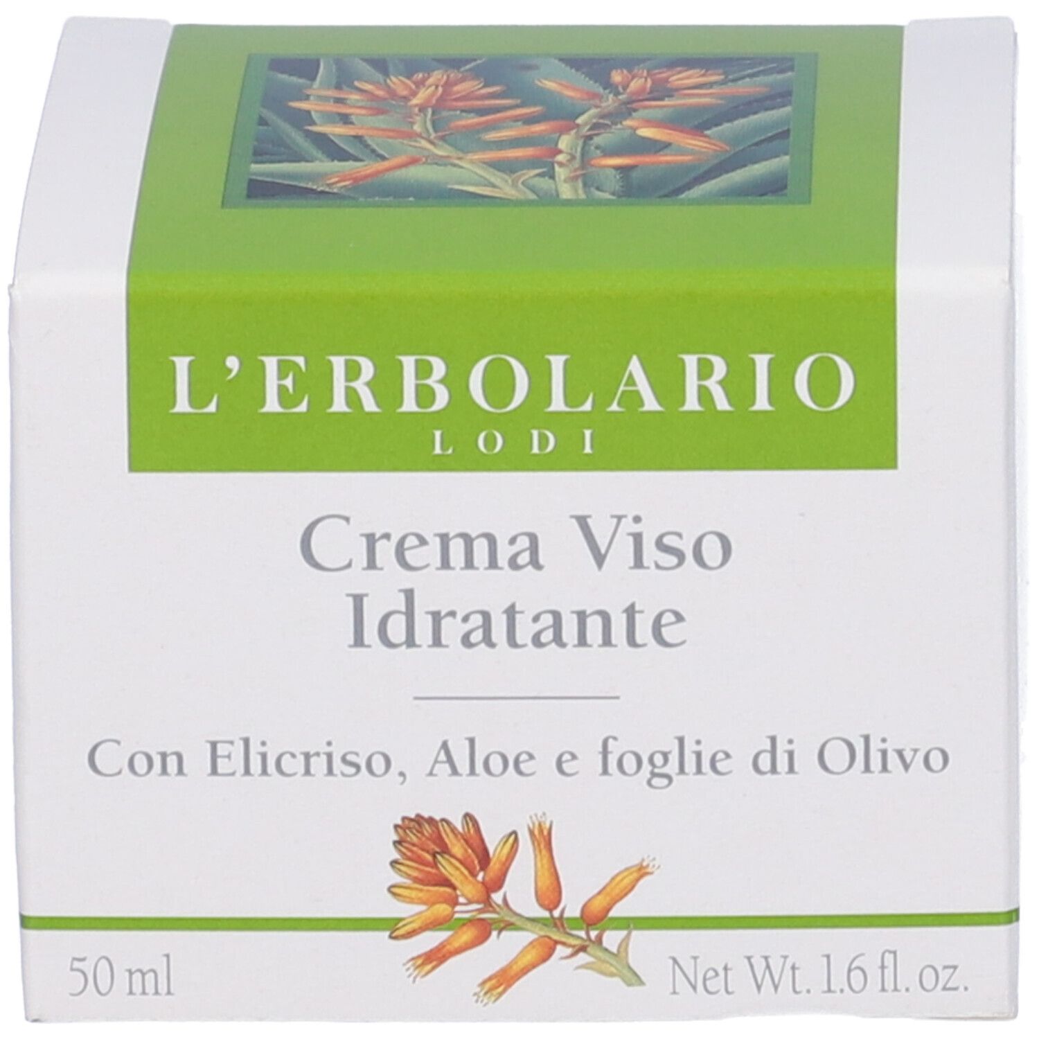 Scatola con design verde e bianco. Nome del prodotto e logo. Scritta: Creme Viso Idratante, L'Erbolario Lodi.