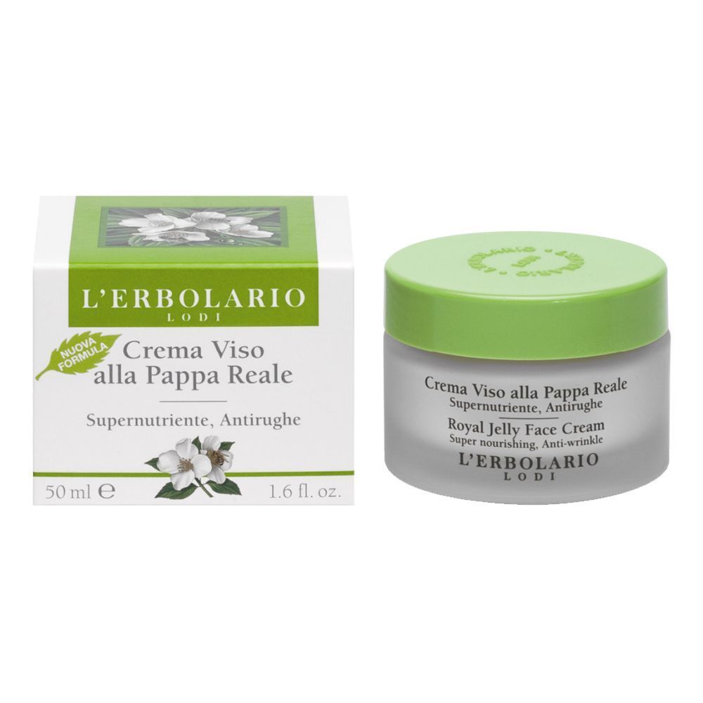Vaso e scatola di crema. Scritta: Crema Viso alla Pappa Reale, Supernutriente, Antirughe. Marchio: L'Erbolario.
