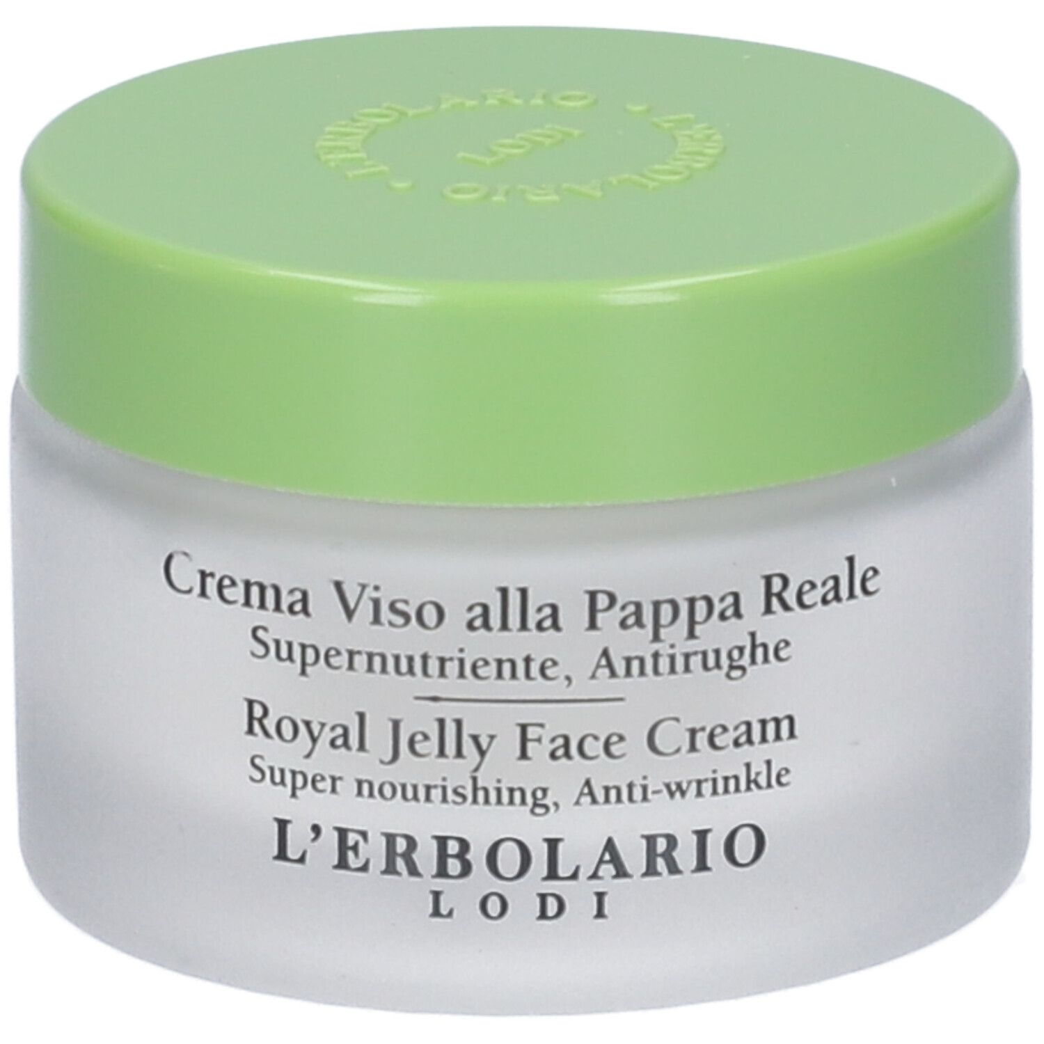 Vaso di crema con coperchio verde. Scritta: Crema Viso alla Pappa Reale, Royal Jelly Face Cream. Marchio: L'Erbolario.