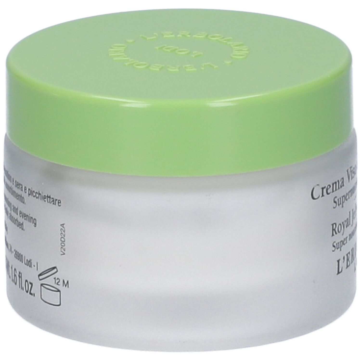 Vaso di crema con coperchio verde. Scritta: Crema Viso alla Pappa Reale, Royal Jelly Face Cream. Marchio: L'Erbolario.