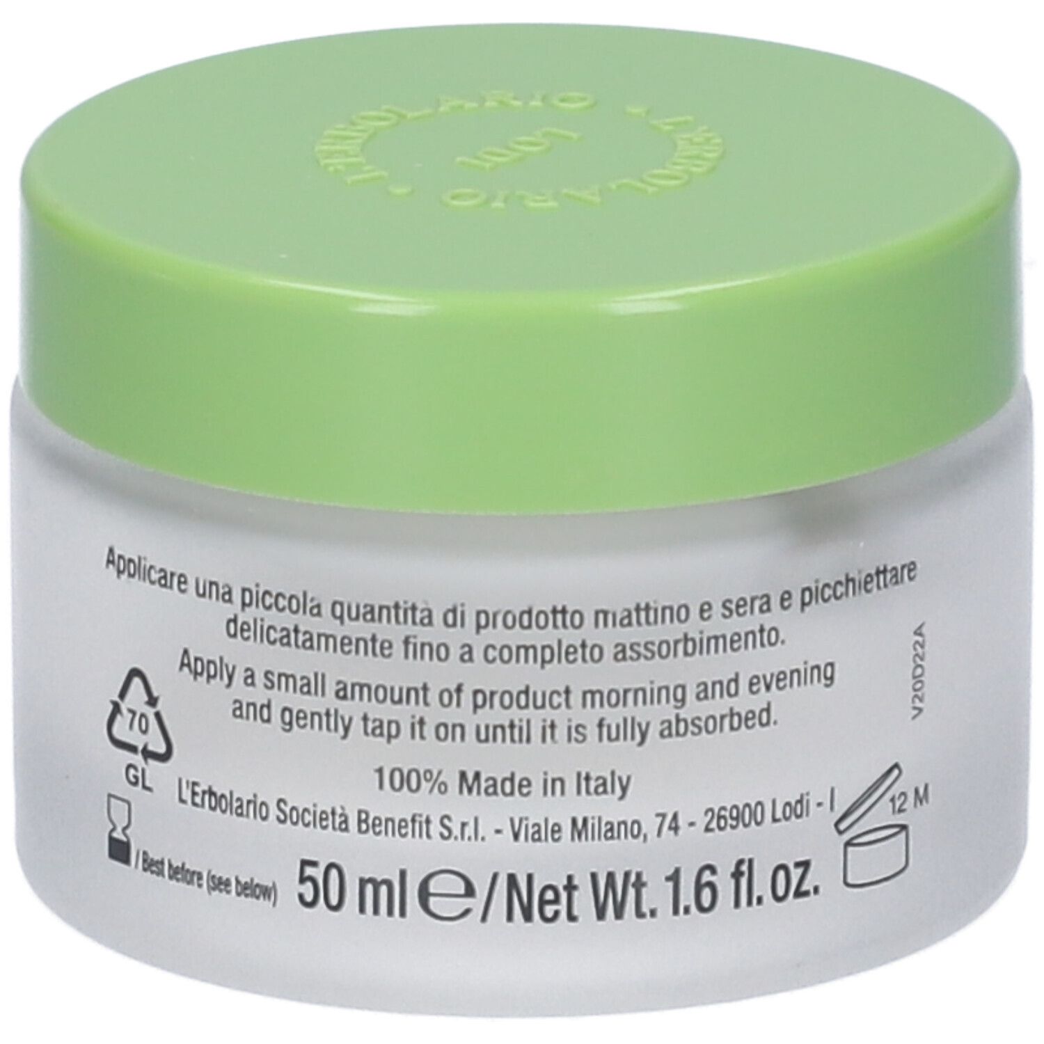 Vaso di crema con coperchio verde. Scritta: Crema Viso alla Pappa Reale, Royal Jelly Face Cream. Marchio: L'Erbolario.