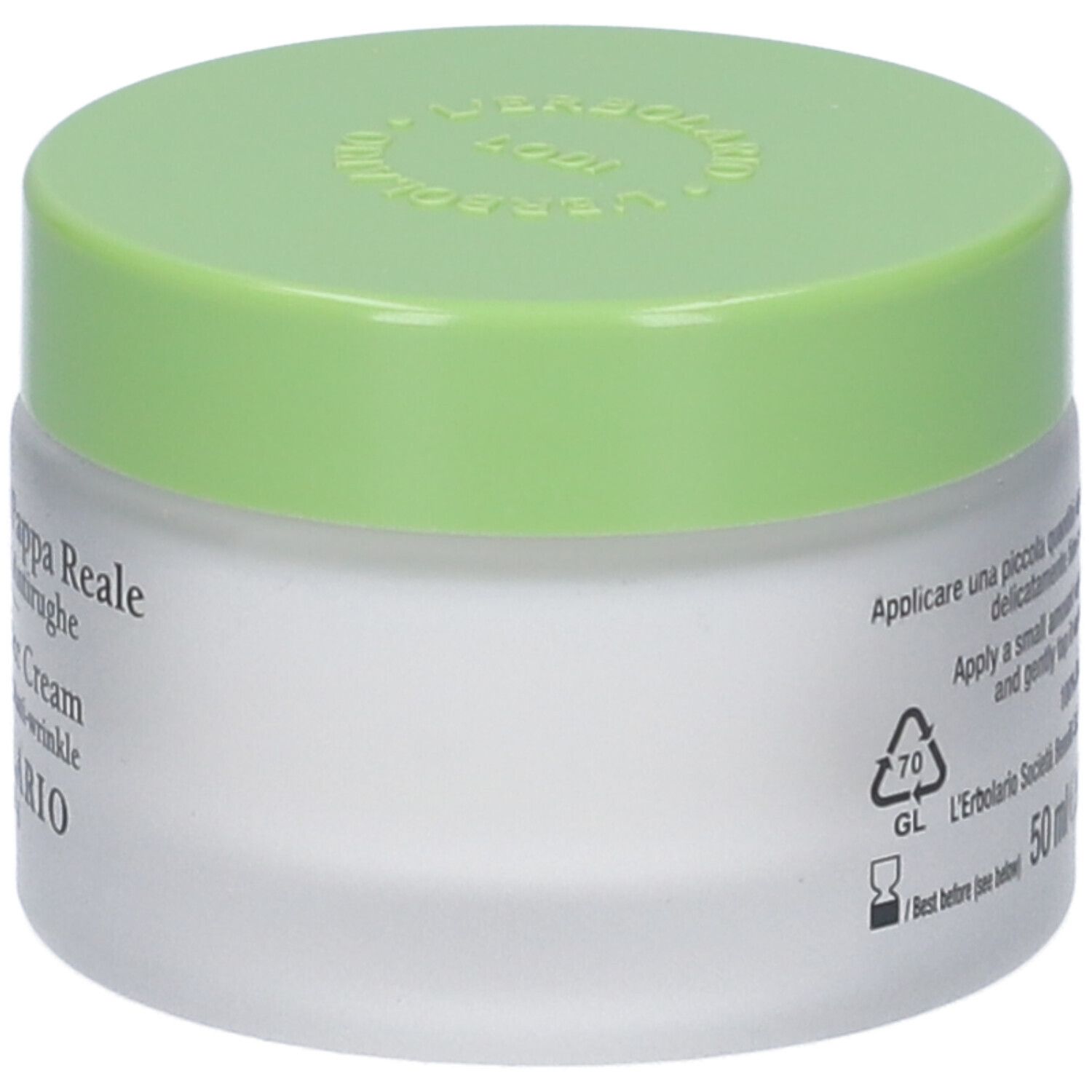 Vaso di crema con coperchio verde. Scritta: Crema Viso alla Pappa Reale, Royal Jelly Face Cream. Marchio: L'Erbolario.