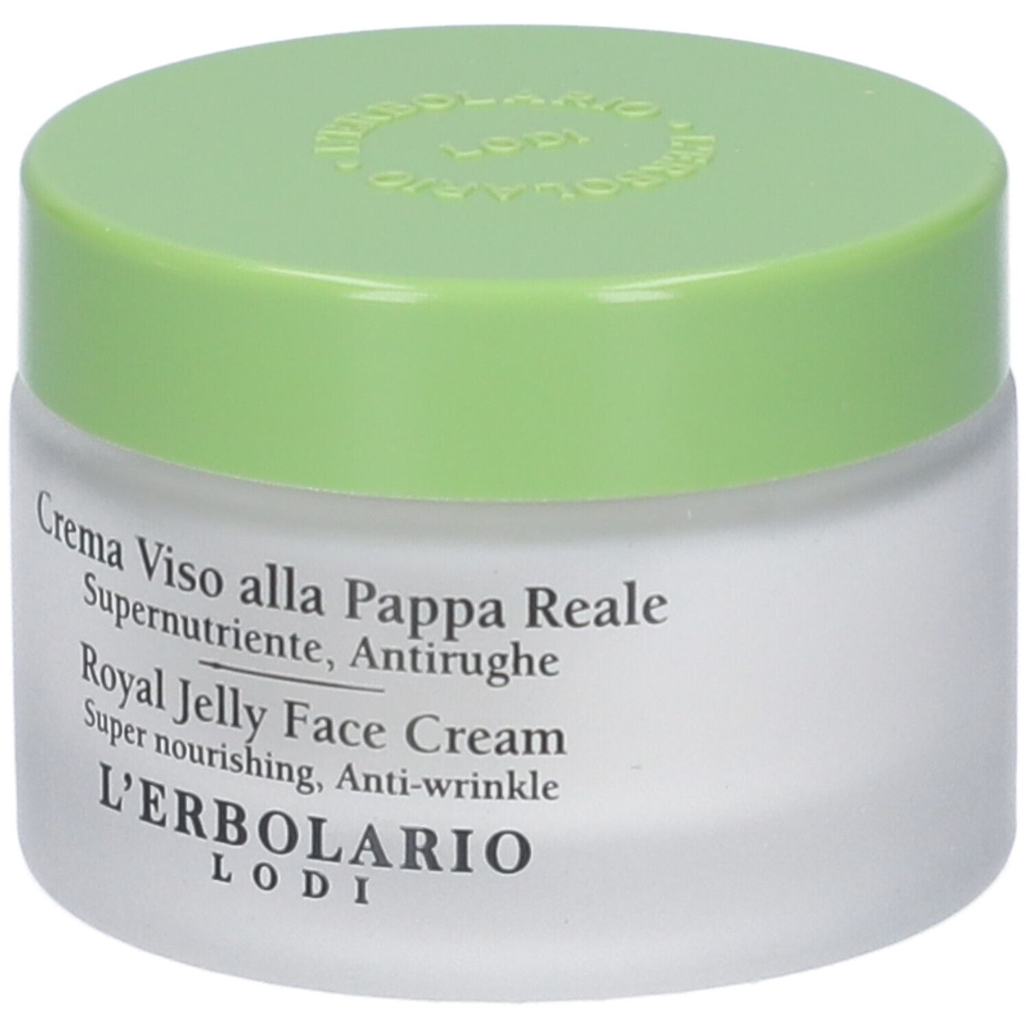 Vaso di crema con coperchio verde. Scritta: Crema Viso alla Pappa Reale, Royal Jelly Face Cream. Marchio: L'Erbolario.