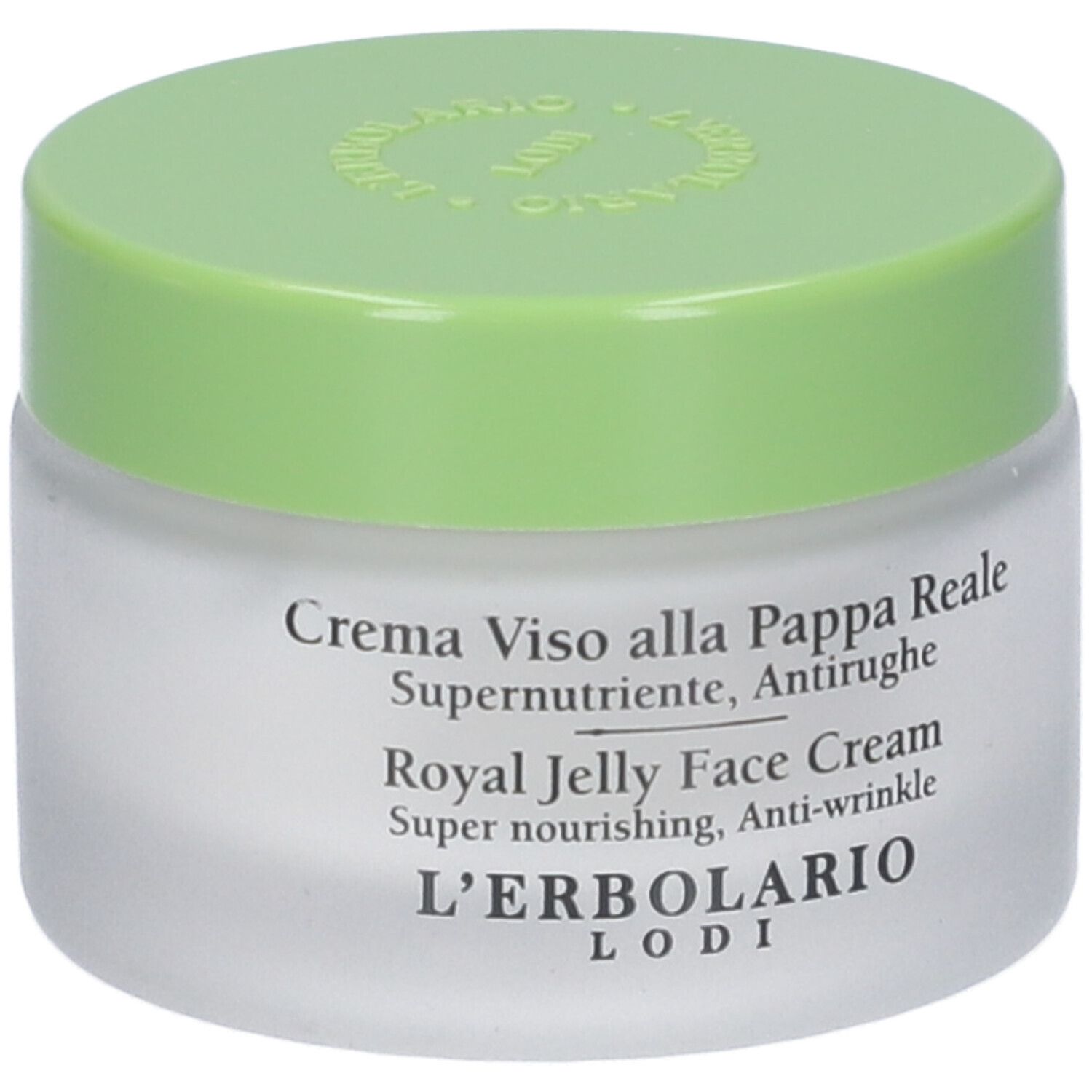 Vaso di crema con coperchio verde. Scritta: Crema Viso alla Pappa Reale, Royal Jelly Face Cream. Marchio: L'Erbolario.