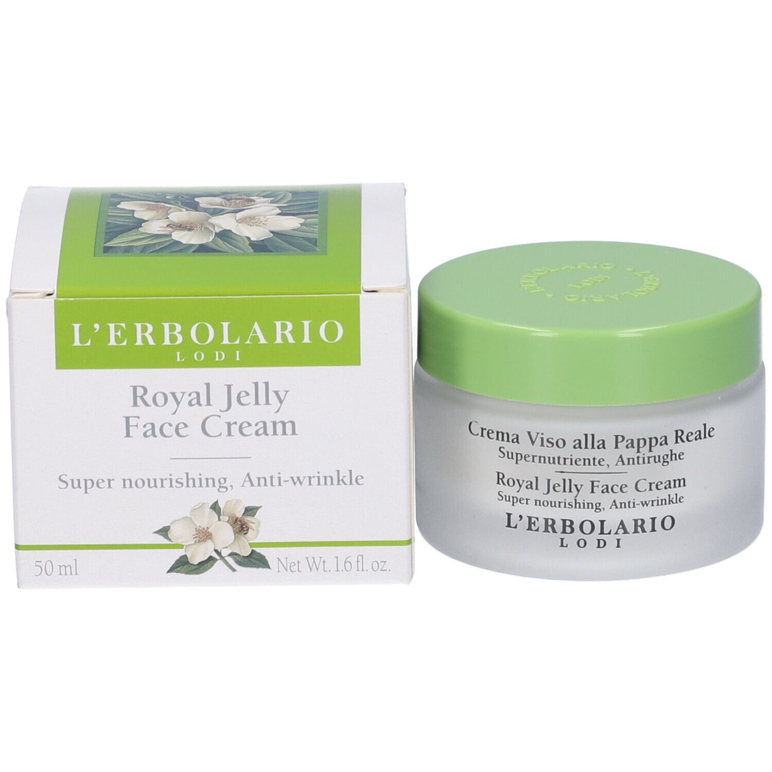 Vaso e scatola di crema. Scritta: Royal Jelly Face Cream. Marchio: L'Erbolario. Volume: 50 ml.