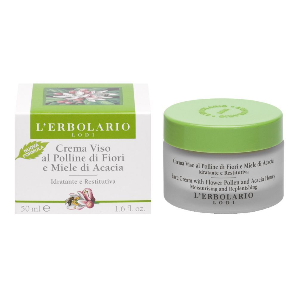 Vaso di crema e scatola. Scritta: Crema Viso al Polline di Fiori e Miele di Acacia. Marchio: L'Erbolario Lodi.