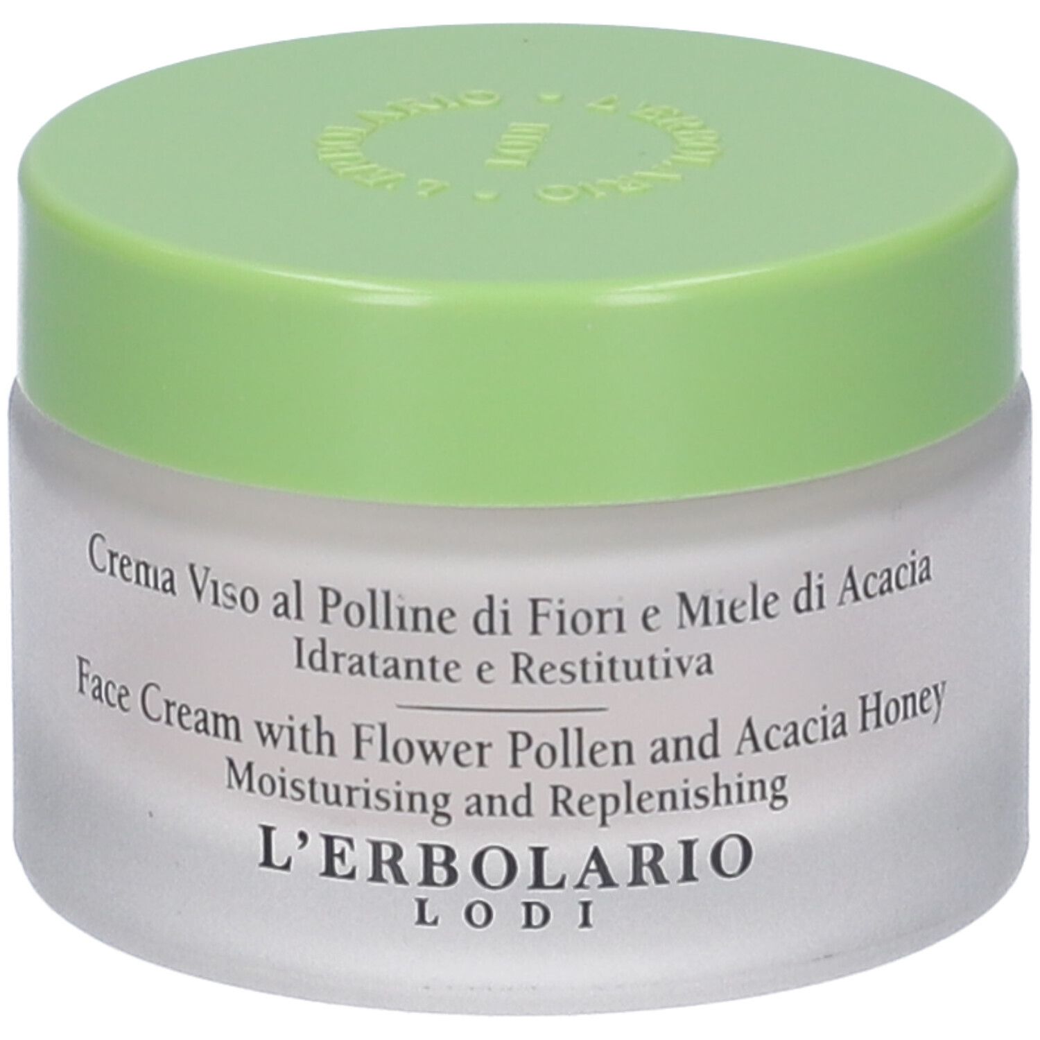 Vaso di crema con coperchio verde. Scritta: Crema Viso al Polline di Fiori e Miele di Acacia. Marchio: L'Erbolario Lodi.