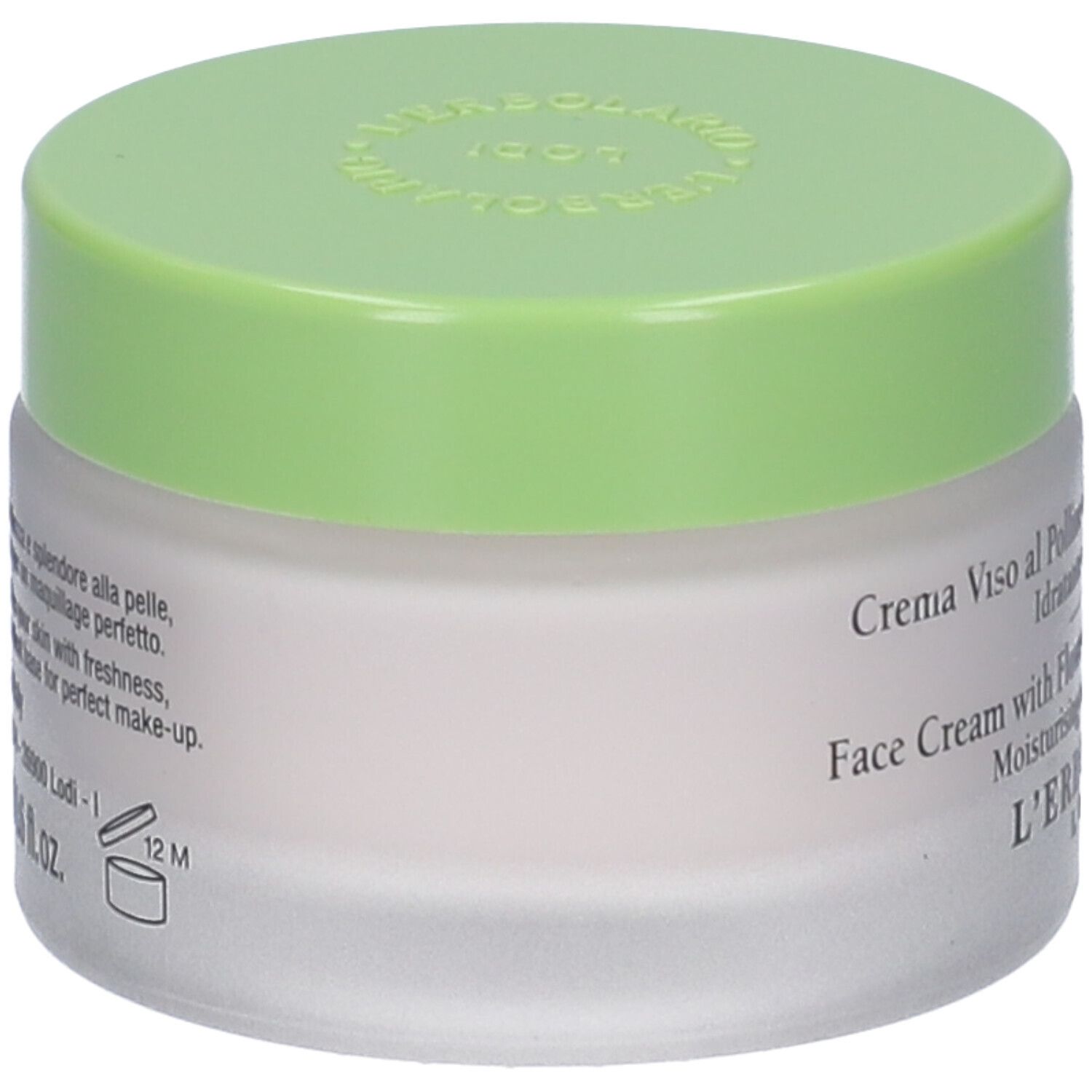 Vaso di crema con coperchio verde. Scritta: Crema Viso al Polline di Fiori e Miele di Acacia. Marchio: L'Erbolario Lodi.