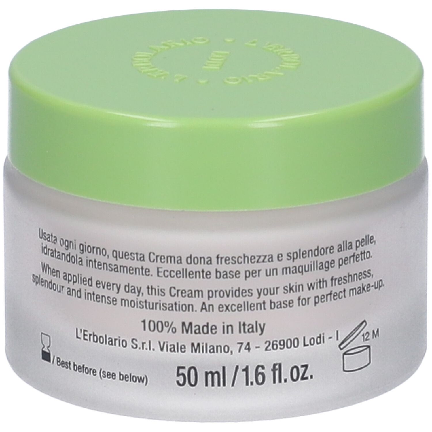 Vaso di crema con coperchio verde. Scritta: Crema Viso al Polline di Fiori e Miele di Acacia. Marchio: L'Erbolario Lodi.