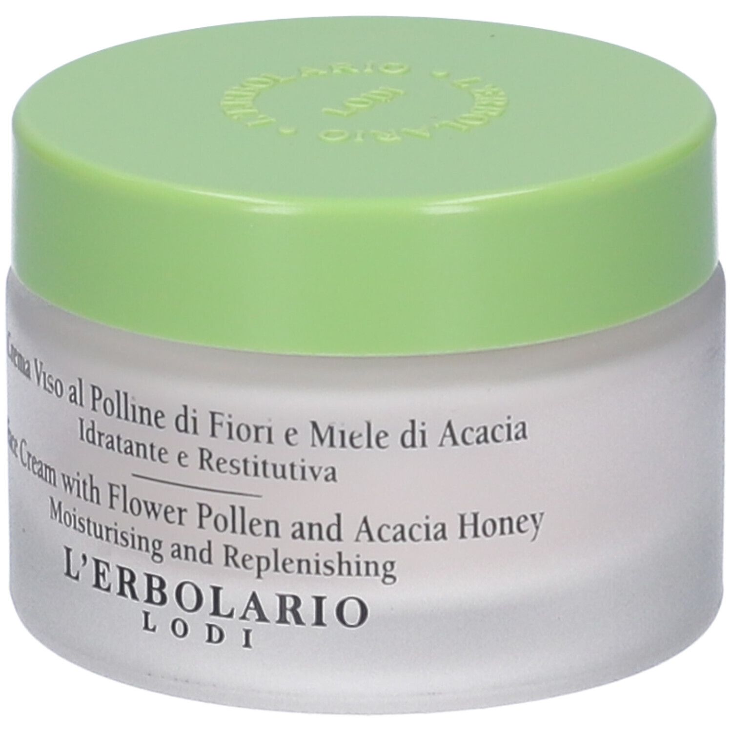 Vaso di crema con coperchio verde. Scritta: Crema Viso al Polline di Fiori e Miele di Acacia. Marchio: L'Erbolario Lodi.