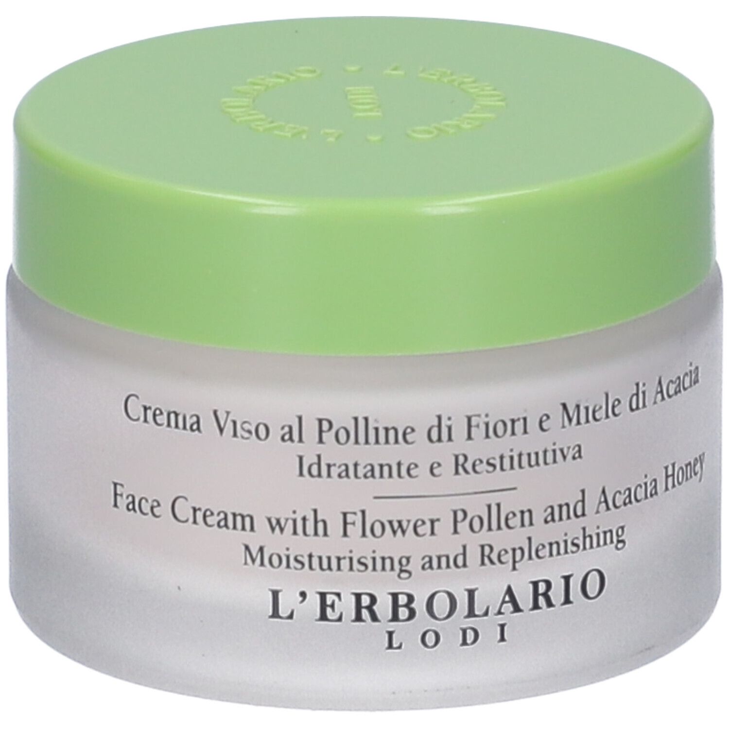 Vaso di crema con coperchio verde. Scritta: Crema Viso al Polline di Fiori e Miele di Acacia. Marchio: L'Erbolario Lodi.