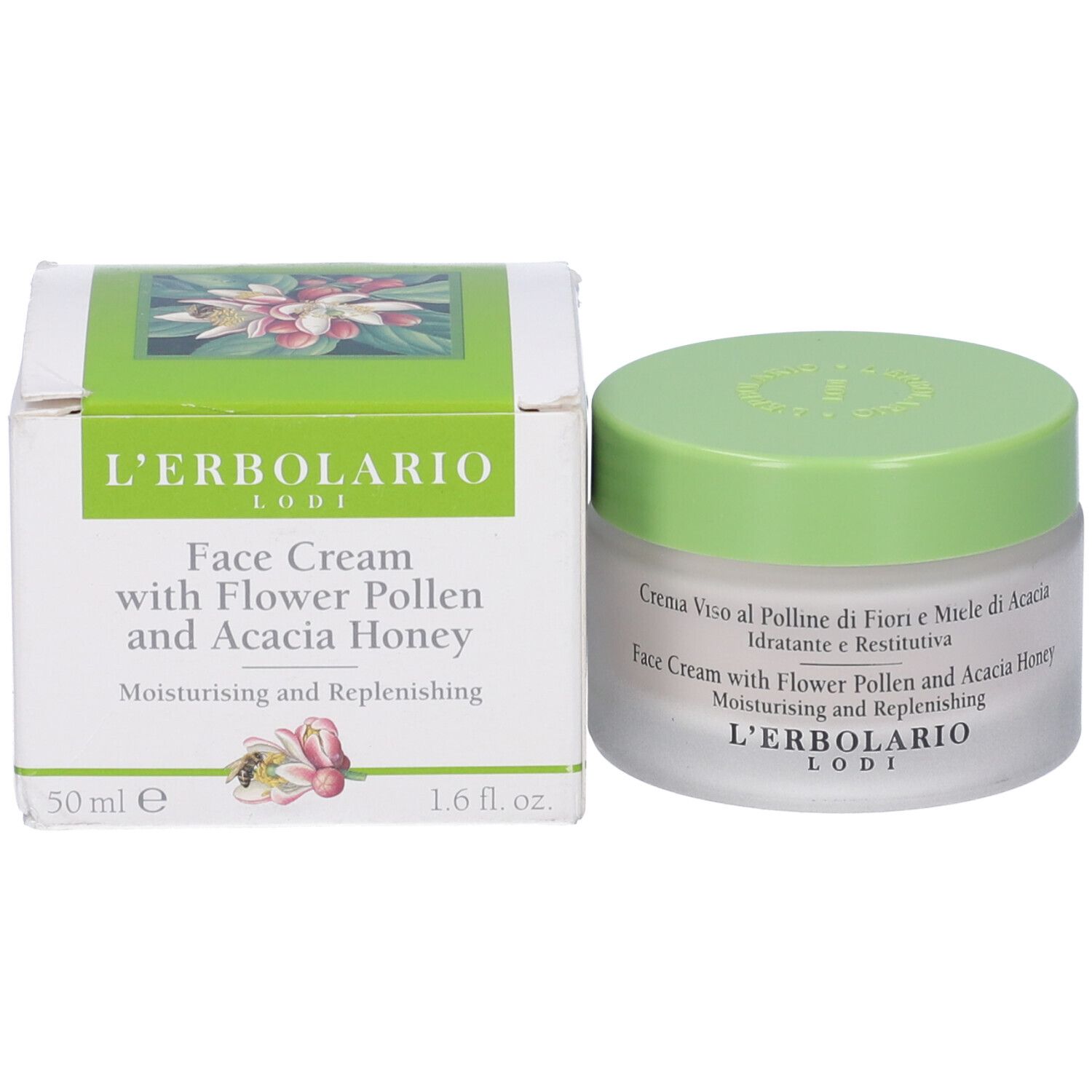 Vaso di crema e scatola. Scritta: Face Cream with Flower Pollen and Acacia Honey. Marchio: L'Erbolario Lodi.
