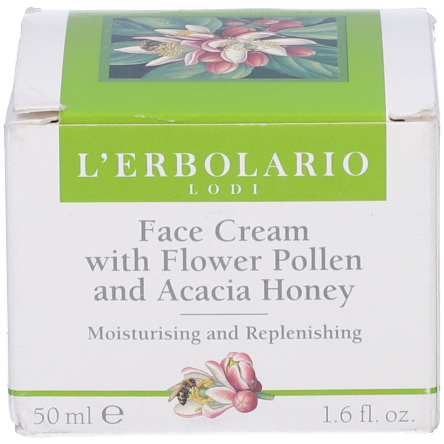 Scatola con scritta: Face Cream with Flower Pollen and Acacia Honey. Marchio: L'Erbolario Lodi. 50 ml.