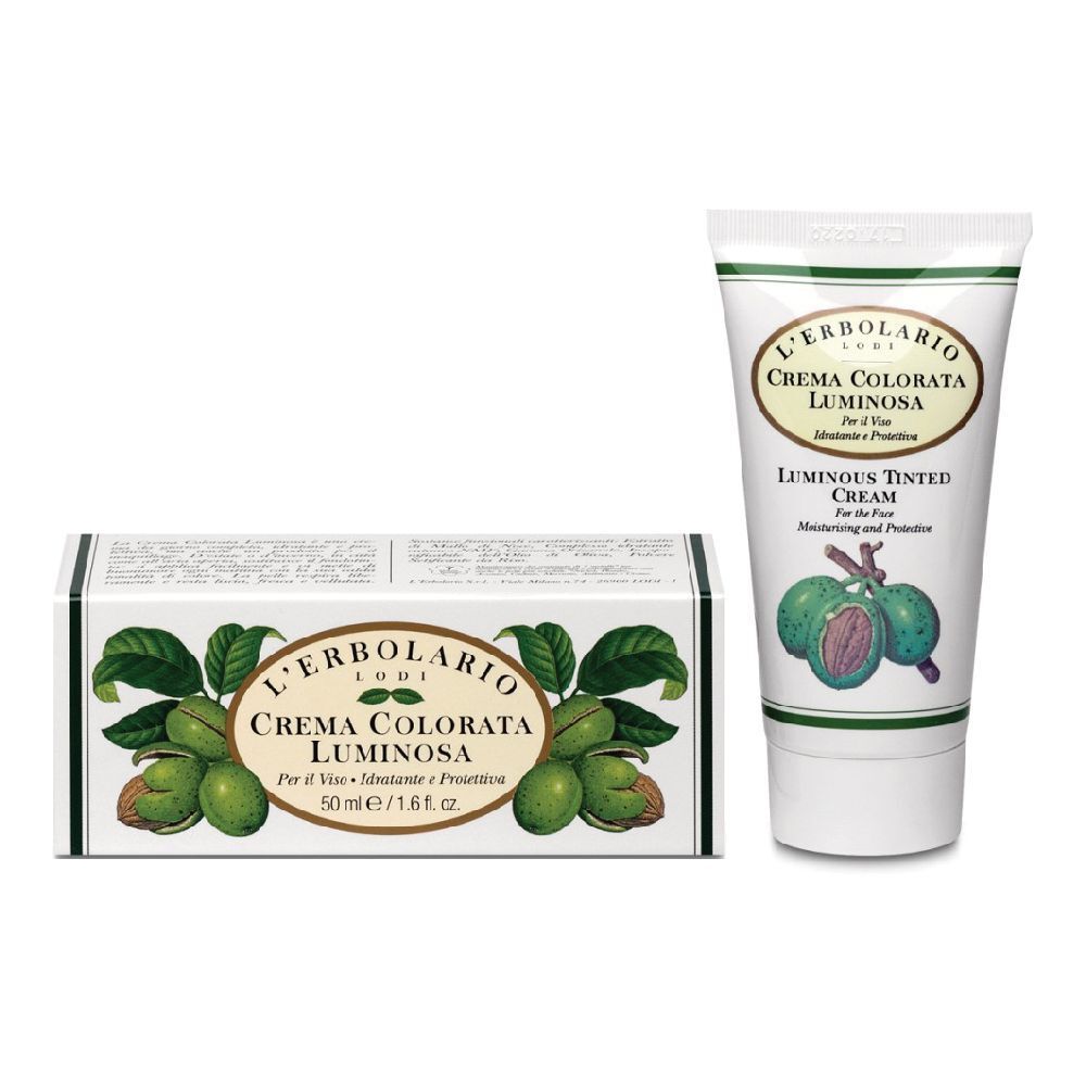Confezione e tubo di Crema Colorata Luminosa. Scritta: L'Erbolario, Crema Colorata Luminosa, 50 ml. Illustrazione di frutta e foglie.