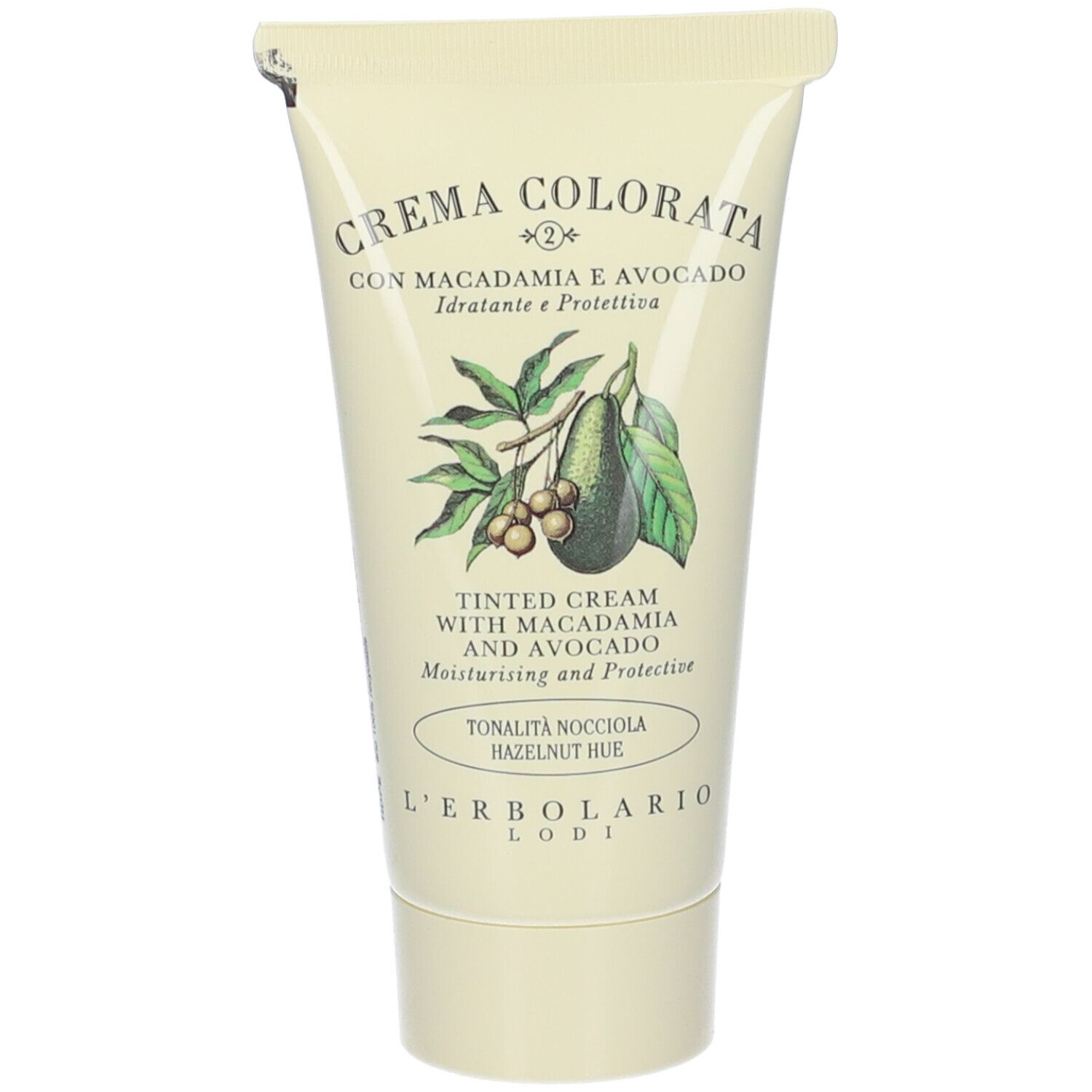 Tubo di crema. Scritta: Crema Colorata, con Macadamia e Avocado. Tonalità Nocciola. Marchio L'Erbolario. 50 ml.