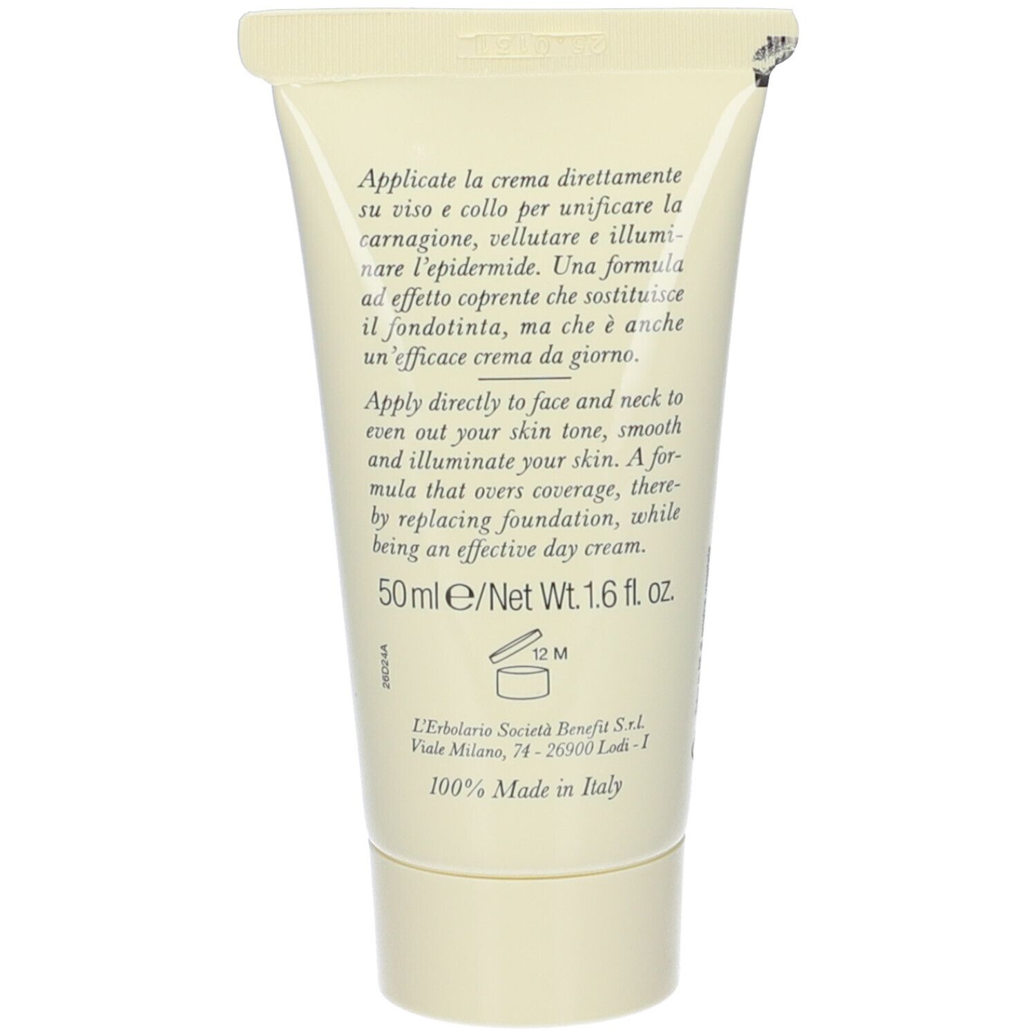Retro del tubo di crema. Testo: applicazione, 50 ml, 12M, Made in Italy. Marchio L'Erbolario.