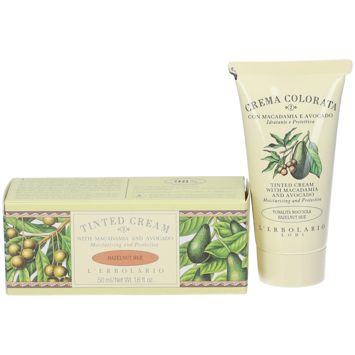 Tubo e scatola di crema. Scritta: Crema Colorata, con Macadamia e Avocado. Tonalità Nocciola. Marchio L'Erbolario. 50 ml.