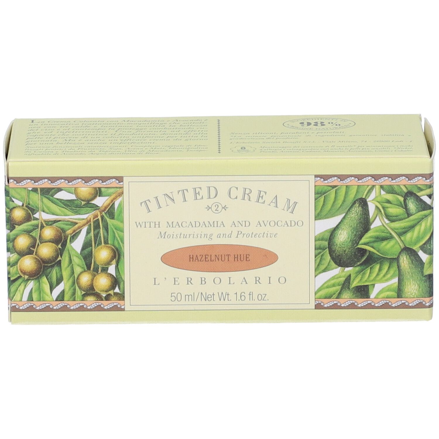 Scatola. Scritta: Tinted Cream, con Macadamia e Avocado. Tonalità Nocciola. Marchio L'Erbolario. 50 ml.