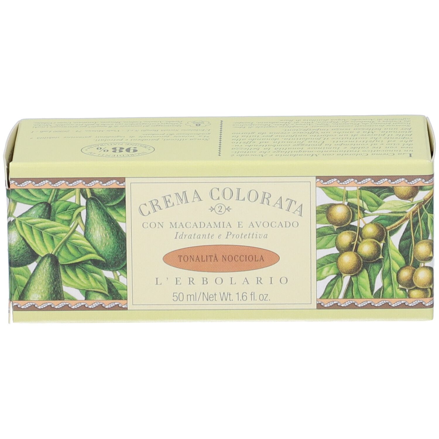 Scatola. Scritta: Crema Colorata, con Macadamia e Avocado. Tonalità Nocciola. Marchio L'Erbolario. 50 ml.