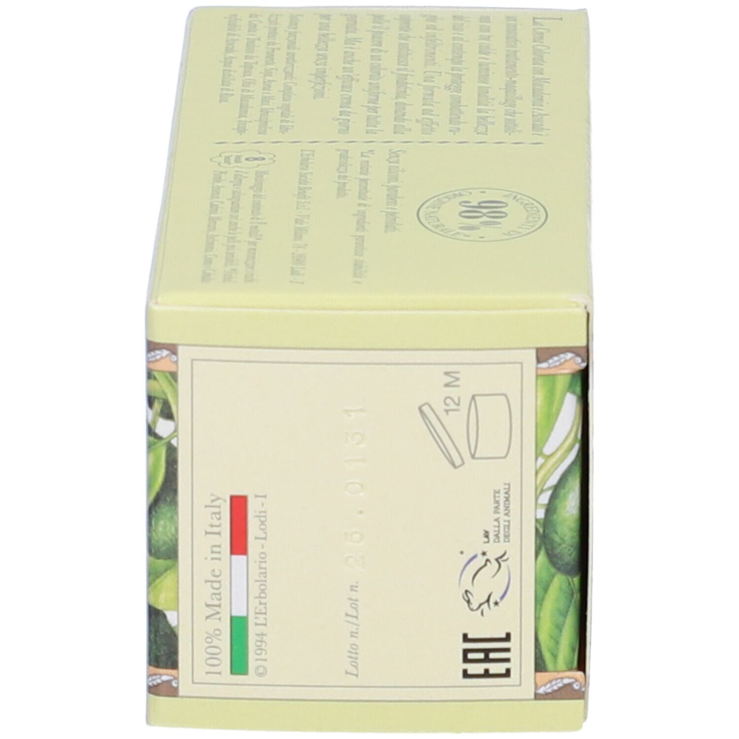 Lato della scatola. Testo: 12M, Made in Italy. Marchio L'Erbolario.