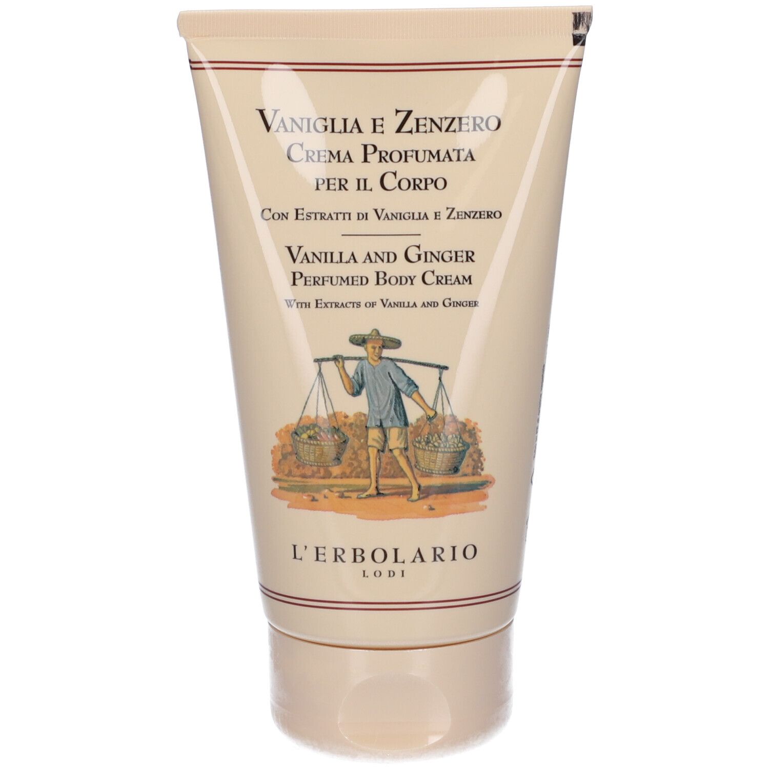 Creme-Tube, beige. Aufschrift: Vaniglia e Zenzero. Logo: L'Erbolario Lodi. Abbildung: Mann mit Körben.