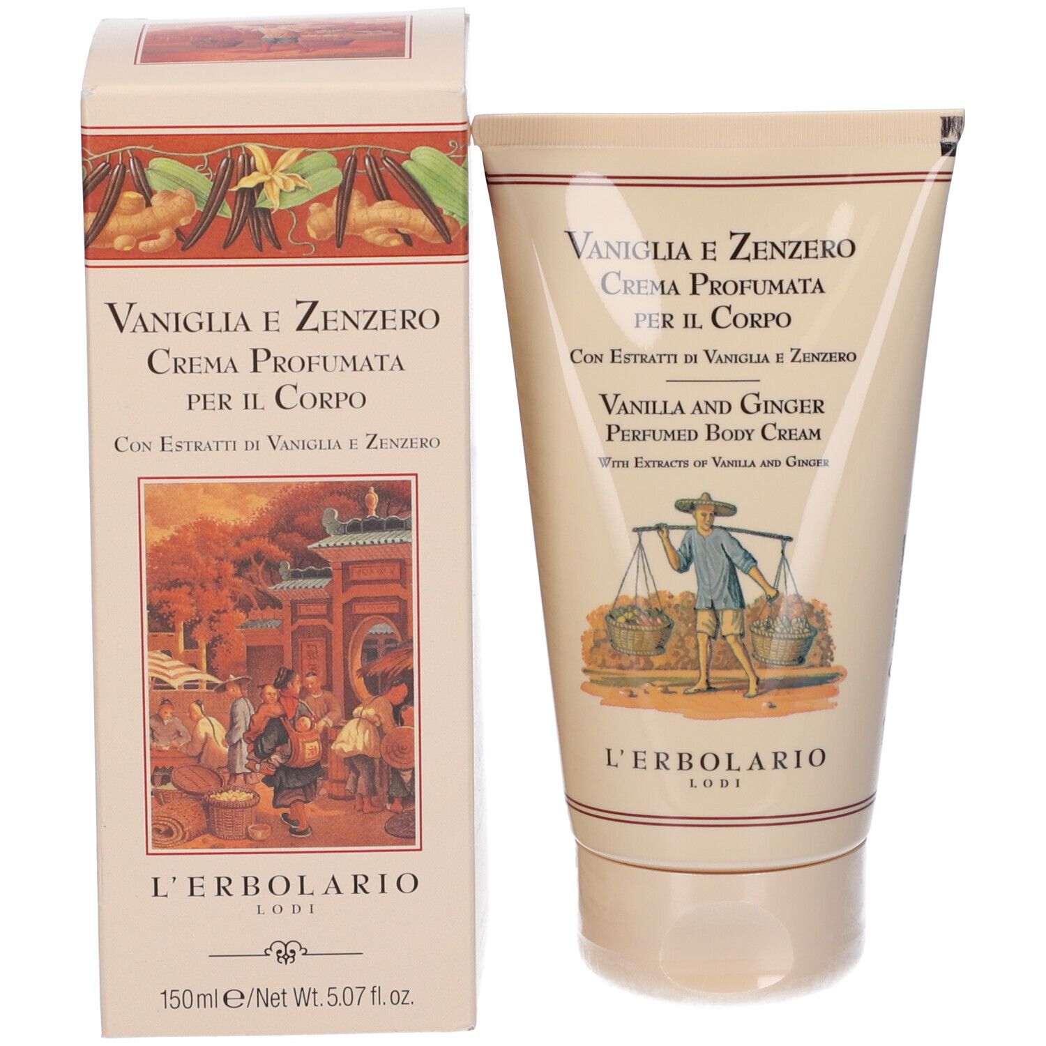 Creme-Tube und Schachtel. Aufschrift: Vaniglia e Zenzero. Logo: L'Erbolario Lodi. Abbildung: Mann mit Körben.