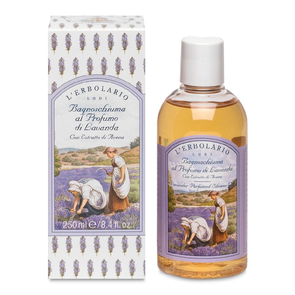 Flacone e scatola con etichetta. Scritto: Bagnoschiuma al Profumo di Lavanda. Illustrazione: donne in un campo di lavanda.