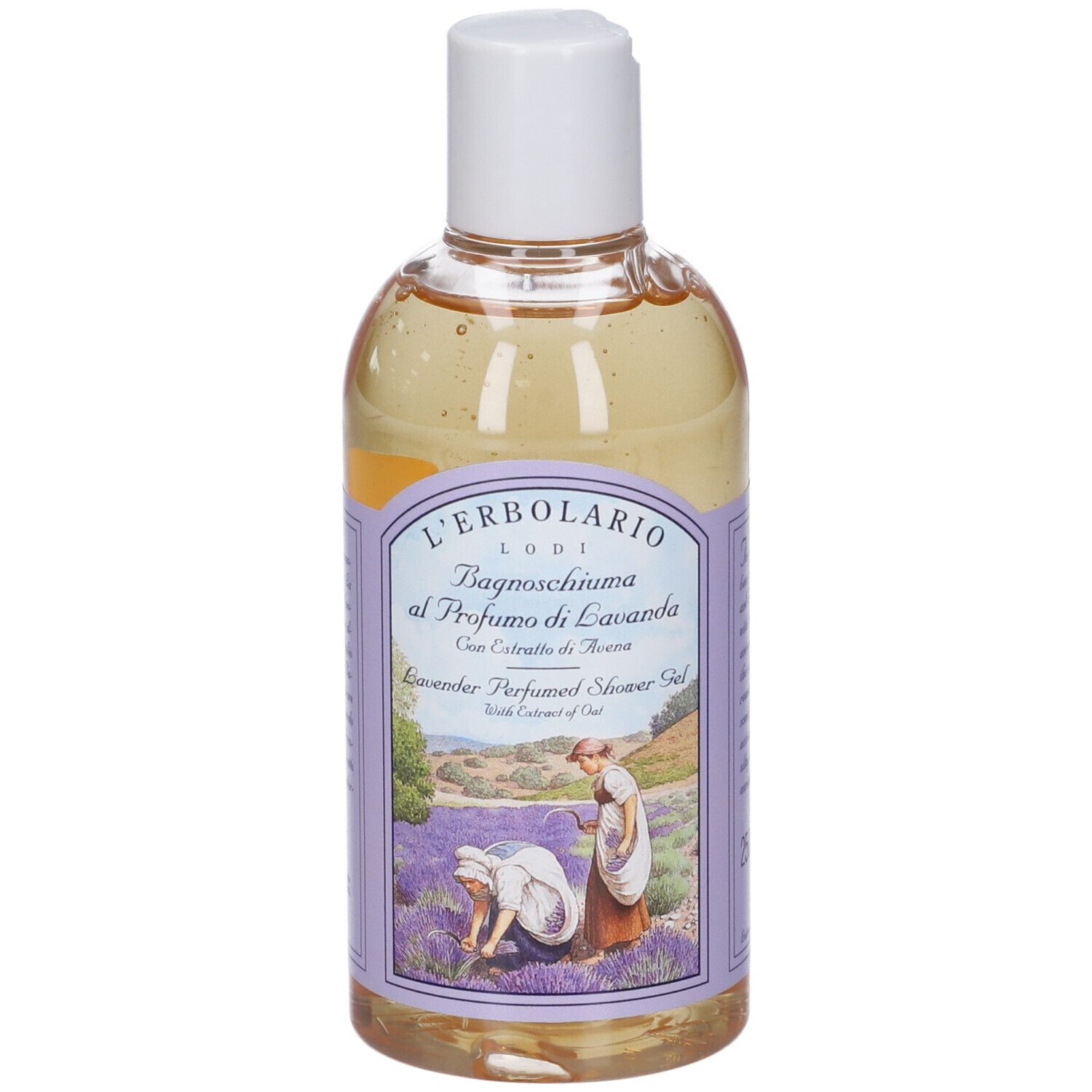 Flacone del prodotto con tappo bianco. Etichetta con scritto: Bagnoschiuma al Profumo di Lavanda. Illustrazione: donne in un campo di lavanda.