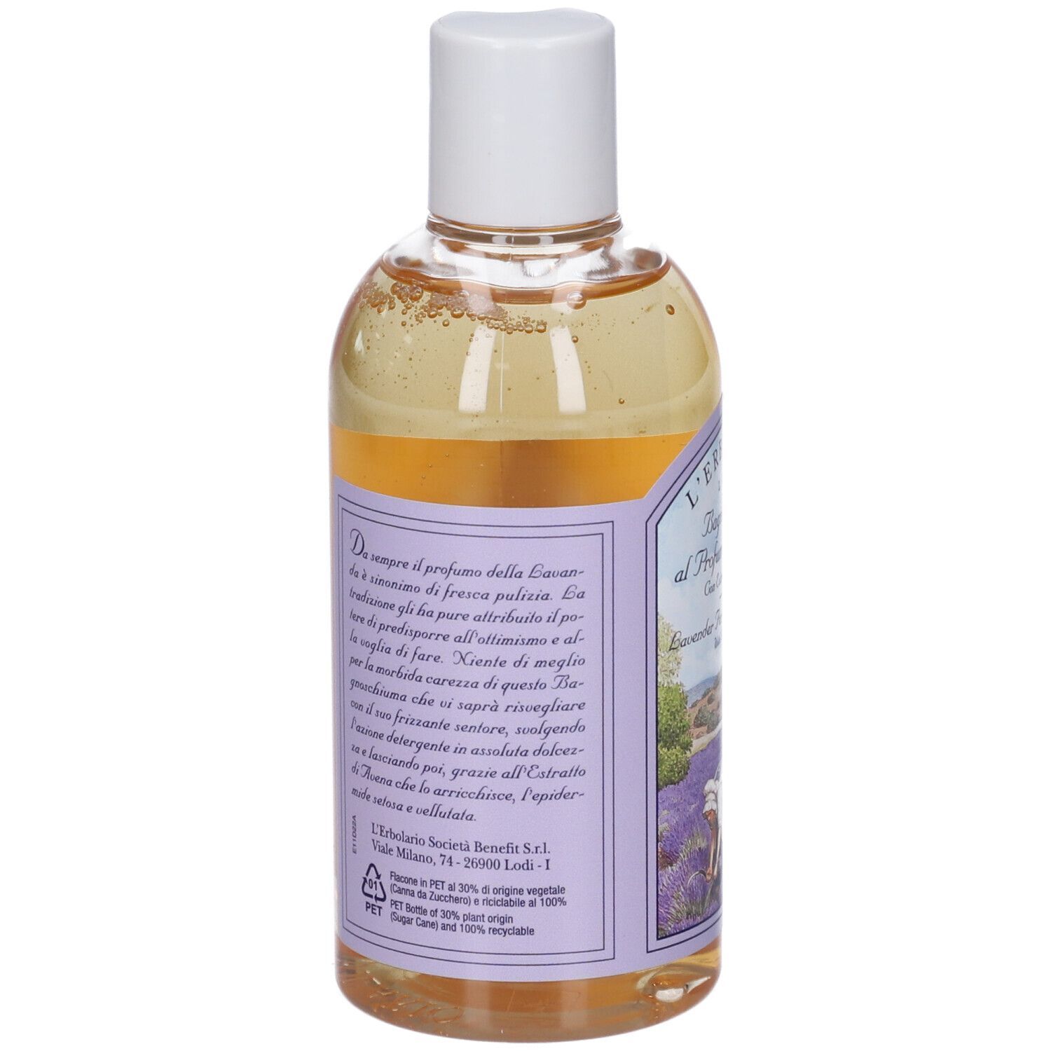 Retro del flacone del prodotto. Testo in italiano. Scritto: Bagnoschiuma al Profumo di Lavanda. Con ingredienti e produttore.