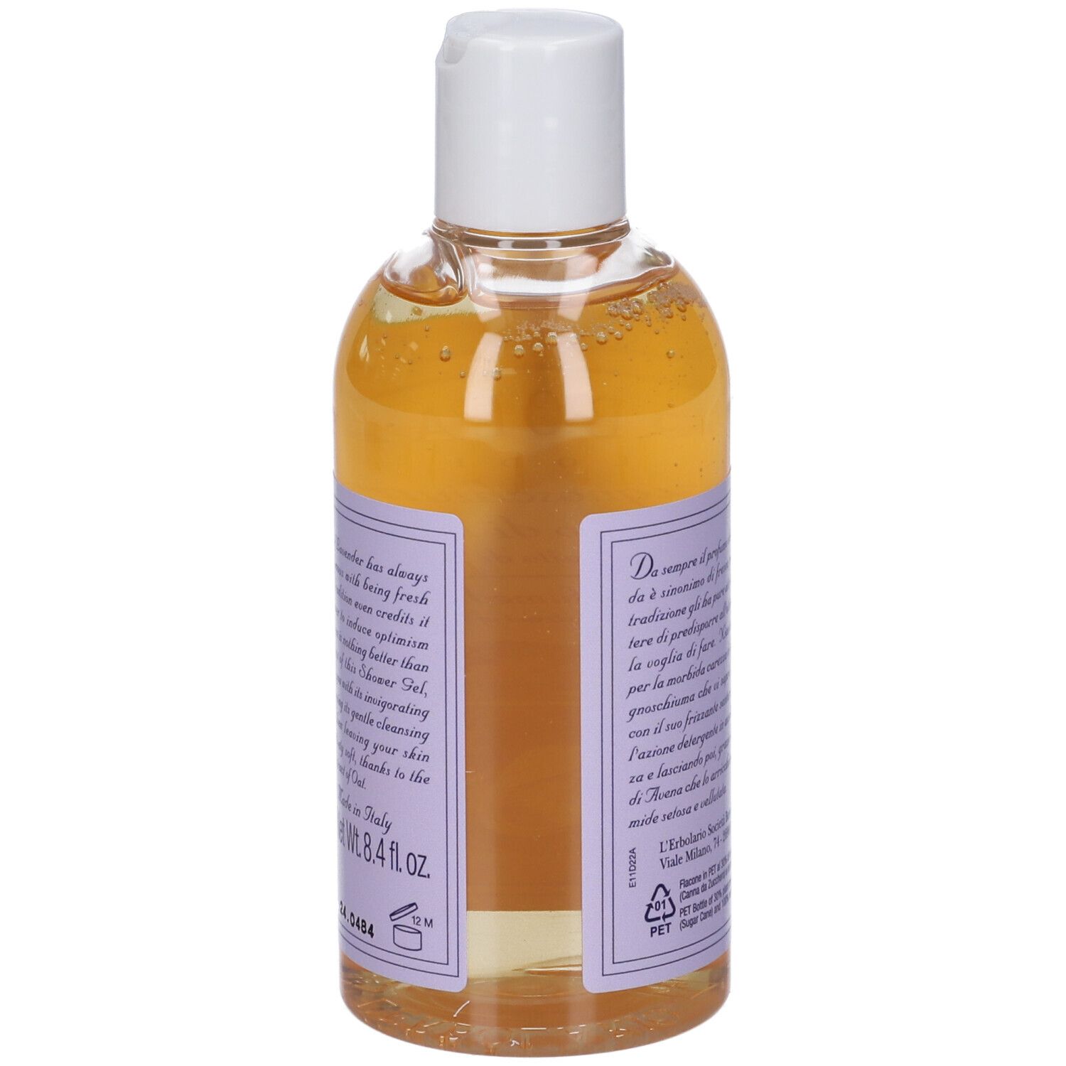 Retro del flacone del prodotto. Testo in italiano. Scritto: Bagnoschiuma al Profumo di Lavanda. Con ingredienti e produttore.