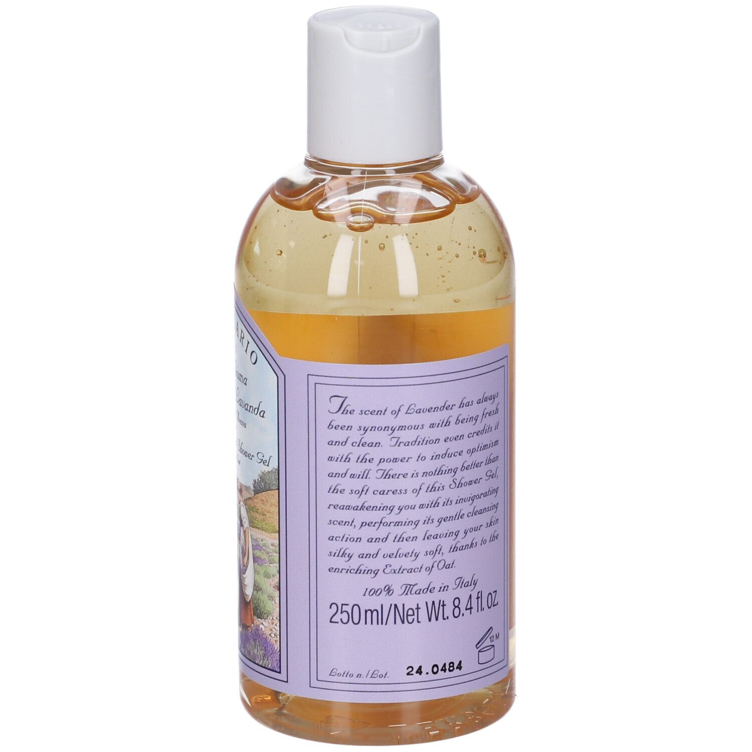 Retro del flacone del prodotto. Testo in italiano. Scritto: Bagnoschiuma al Profumo di Lavanda. Con ingredienti e produttore.