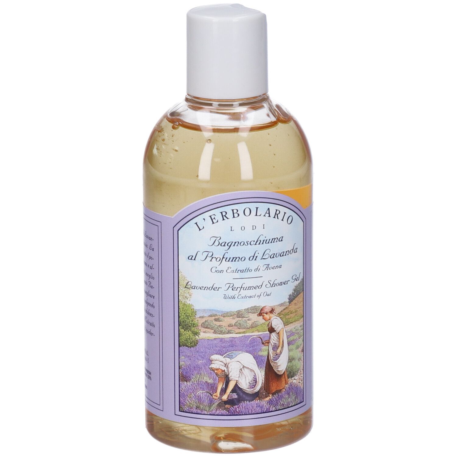 Flacone del prodotto con etichetta. Scritto: Bagnoschiuma al Profumo di Lavanda. Illustrazione: donne in un campo di lavanda. 250ml.