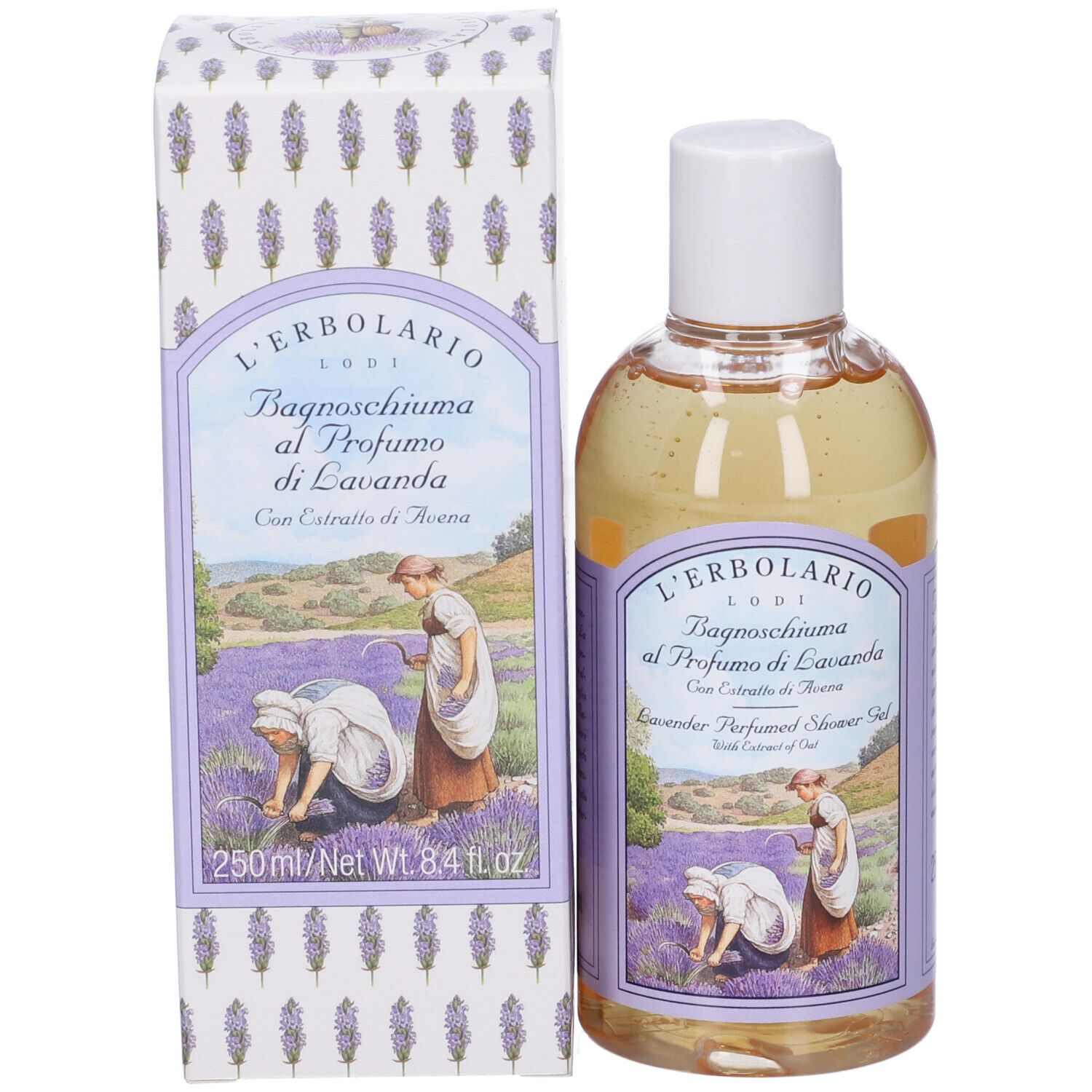 Flacone e scatola con etichetta. Scritto: Bagnoschiuma al Profumo di Lavanda. Illustrazione: donne in un campo di lavanda.