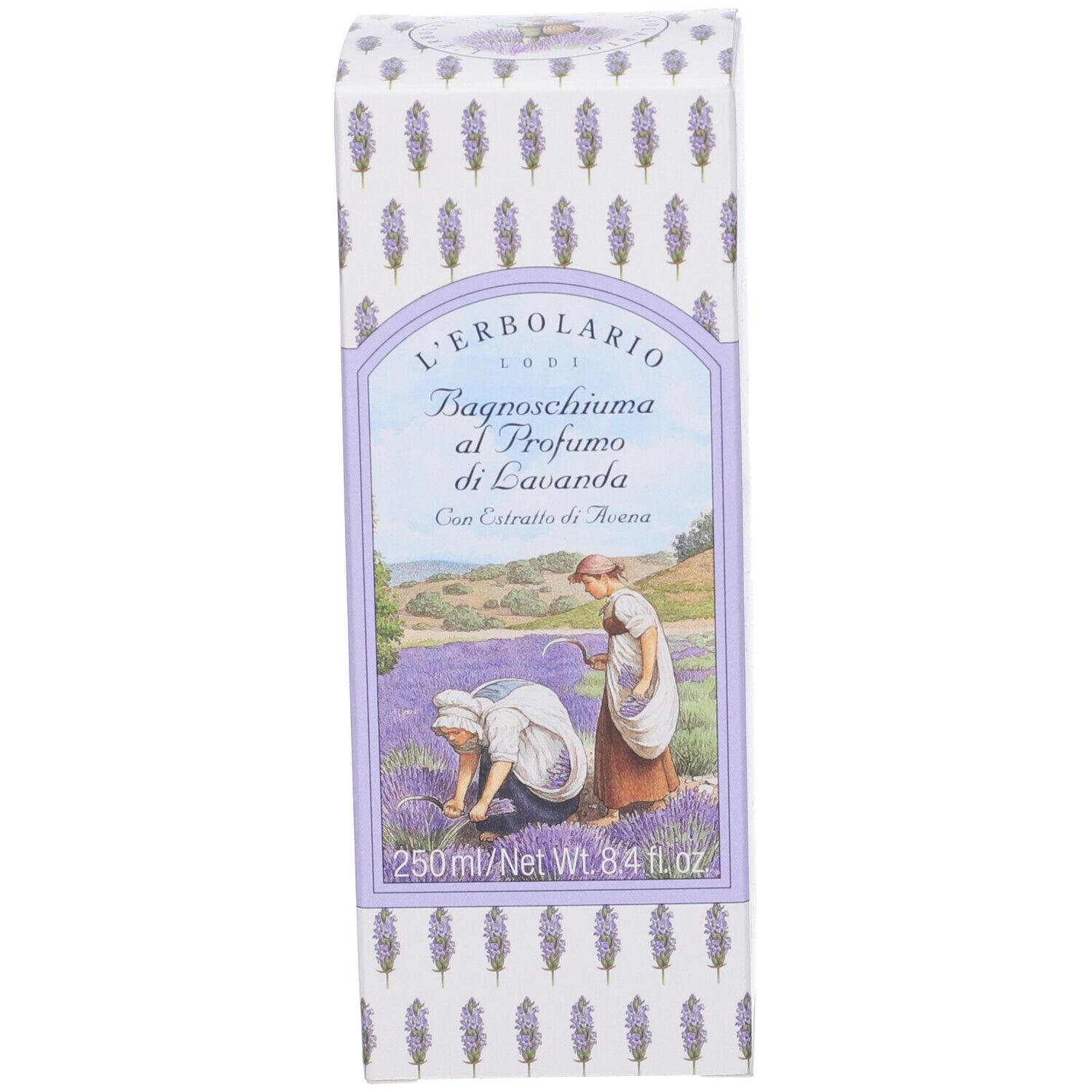 Scatola con etichetta. Scritto: Bagnoschiuma al Profumo di Lavanda. Illustrazione: donne in un campo di lavanda.