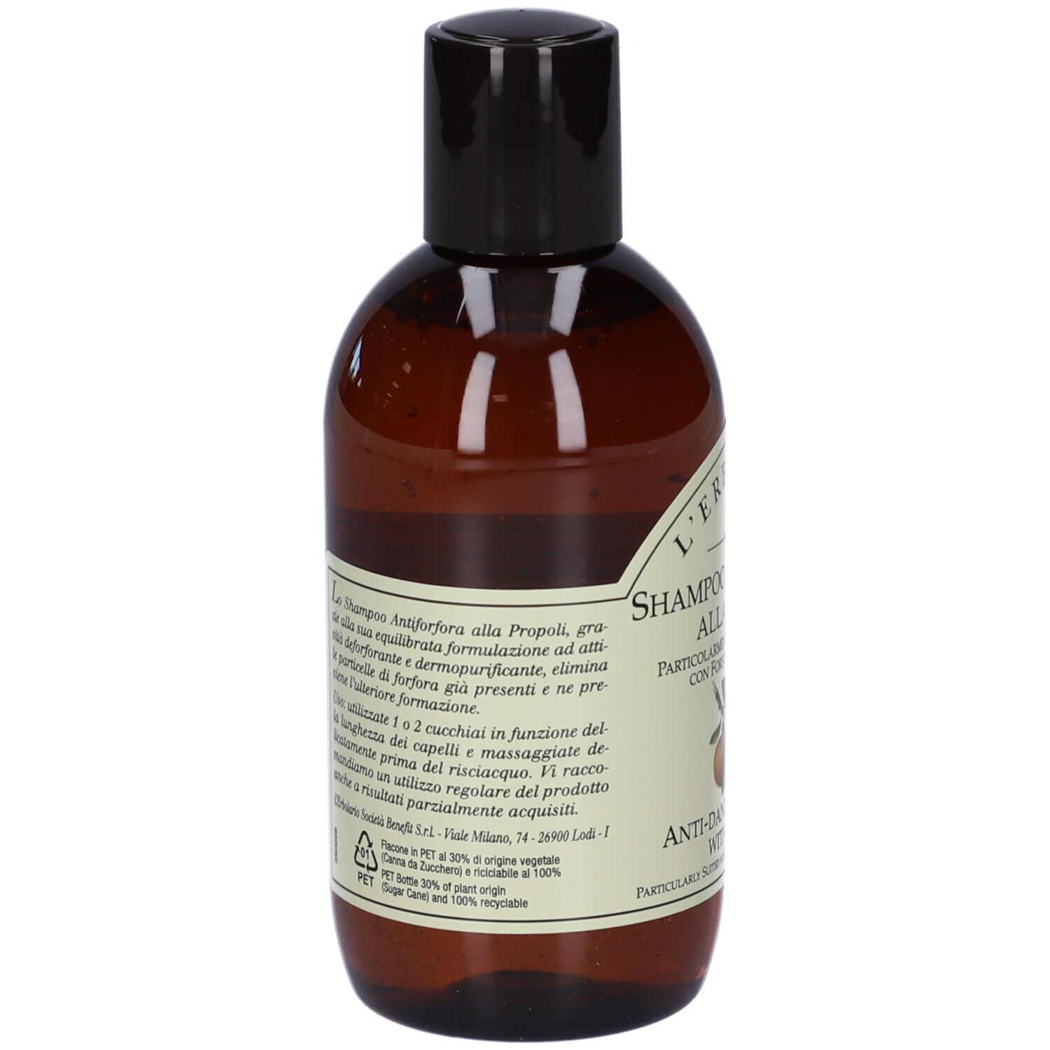 Braune Shampoo-Flasche mit schwarzem Deckel und Etikett mit Pflanzenabbildung.