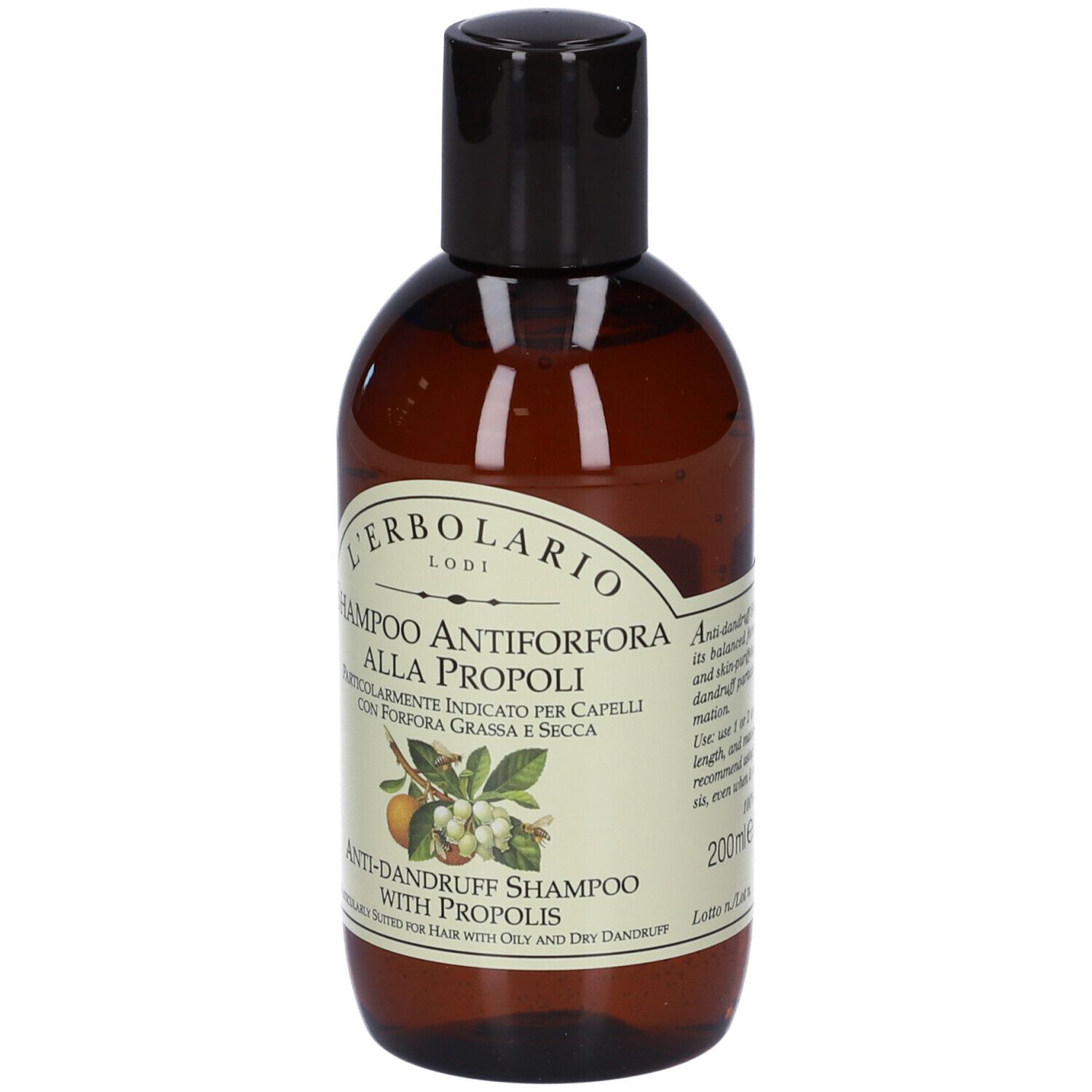 Braune Shampoo-Flasche mit schwarzem Deckel und Etikett mit Pflanzen- und Bienenabbildung.