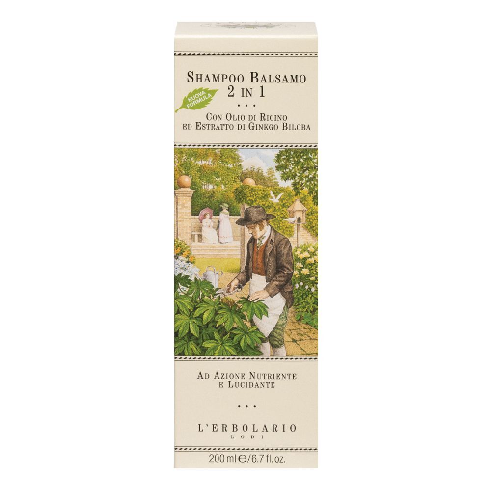 Confezione di shampoo Balsamo 2 in 1. Illustrazione di persona in giardino. Testo: CON OLIO DI RICINO ED ESTRATTO DI GINKGO BILOBA. 200 ml.