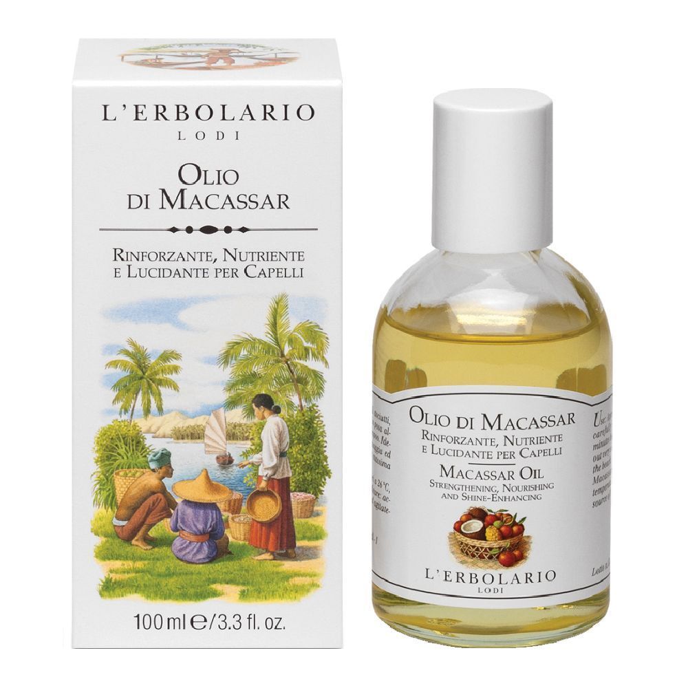 Flacone e scatola di prodotto. Scritta: Olio di Macassar. Testo sulla scatola: Rinforzante, Nutriente e Lucidante per Capelli. Marchio: L'Erbolario.