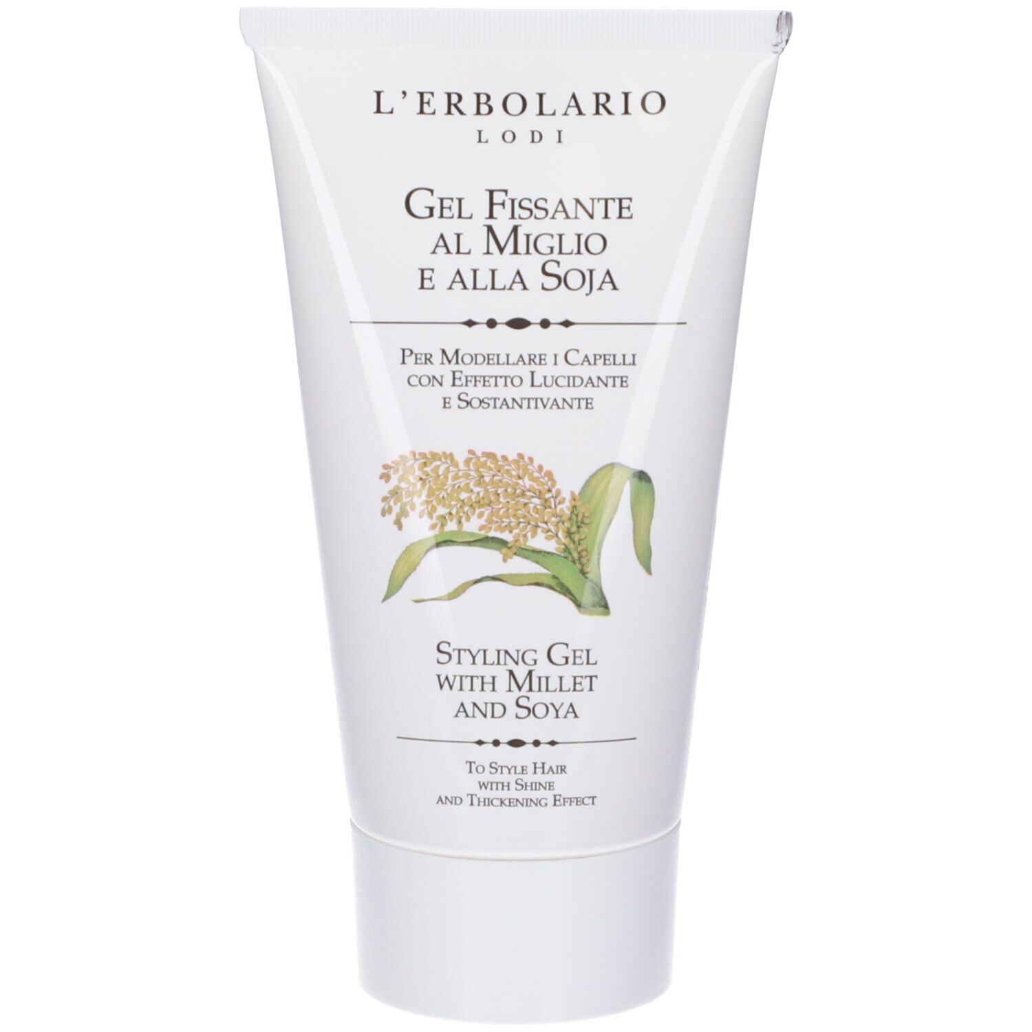Tubo bianco con nome del prodotto e illustrazione. Testo: Styling Gel with Millet and Soya.