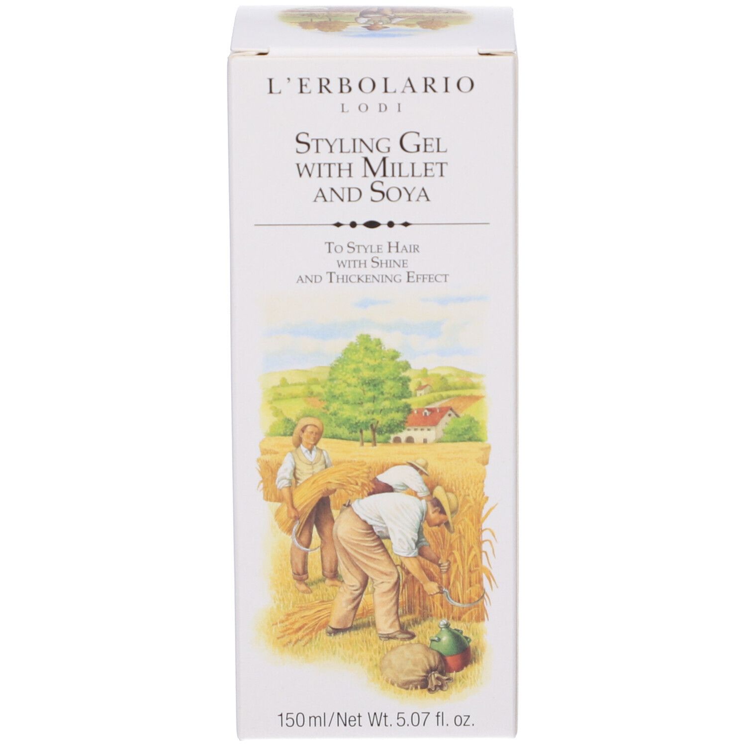 Scatola con nome del prodotto e illustrazione. Testo: Styling Gel with Millet and Soya.
