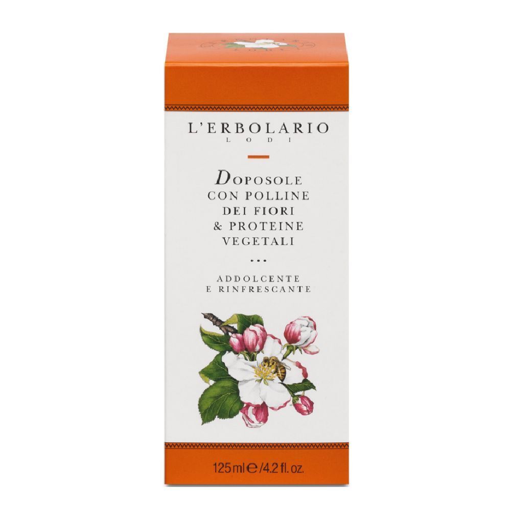 Confezione in cartone con testo del prodotto. Scritta: Doposole con Polline dei Fiori & Proteine Vegetali. Marchio: L'Erbolario.