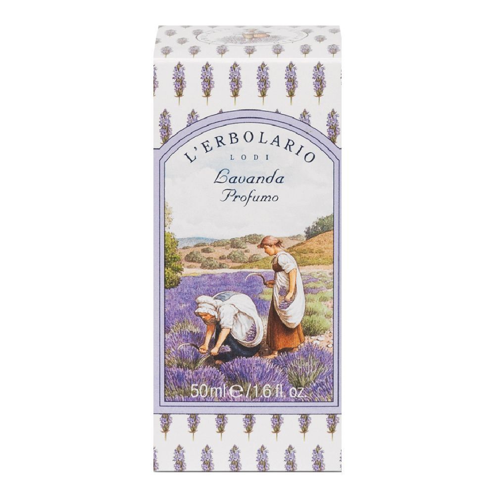 Confezione in cartone con motivo lavanda e informazioni sul prodotto. Scritta: L'Erbolario Lodi Lavanda Profumo.